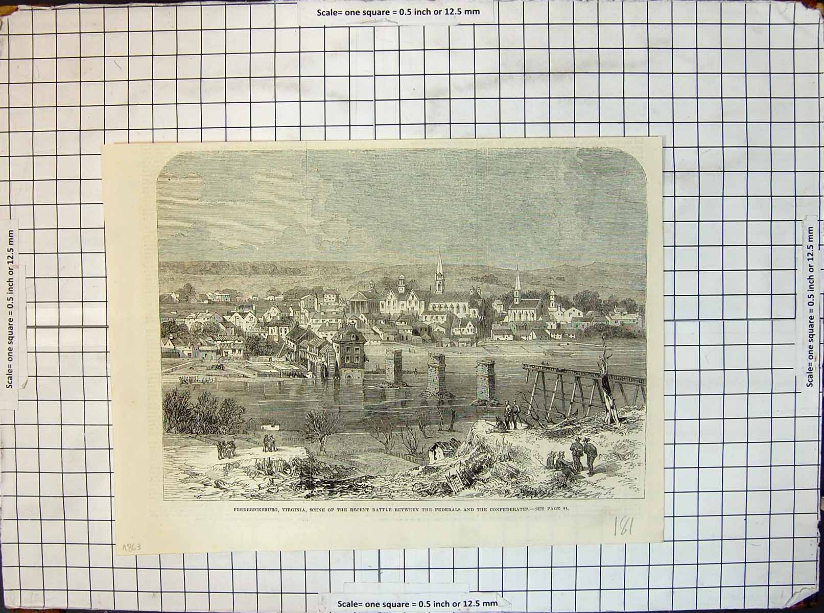 Old Antique Print Fredericksburg Virginia Battle Federals Civil Wars 1863 19th