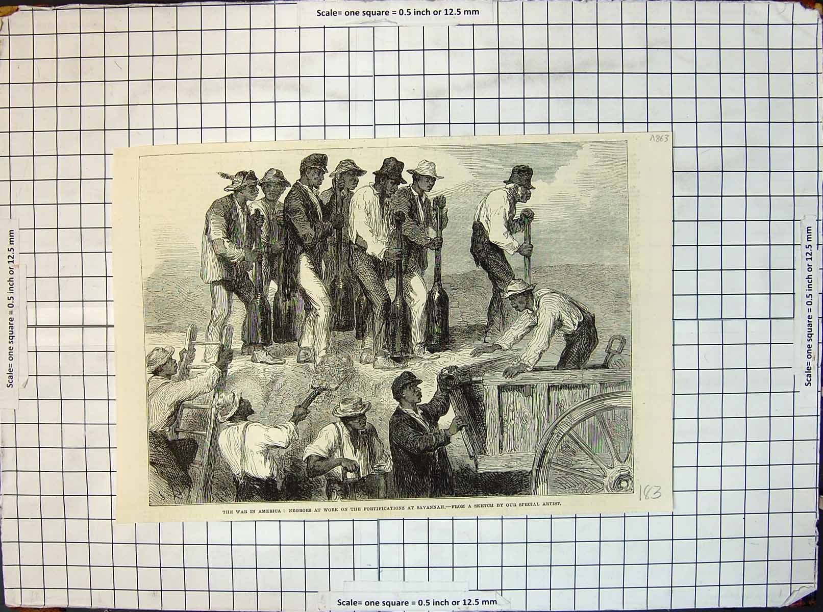 Original Old Antique Print War America Negroes Work Fortifications Savannah