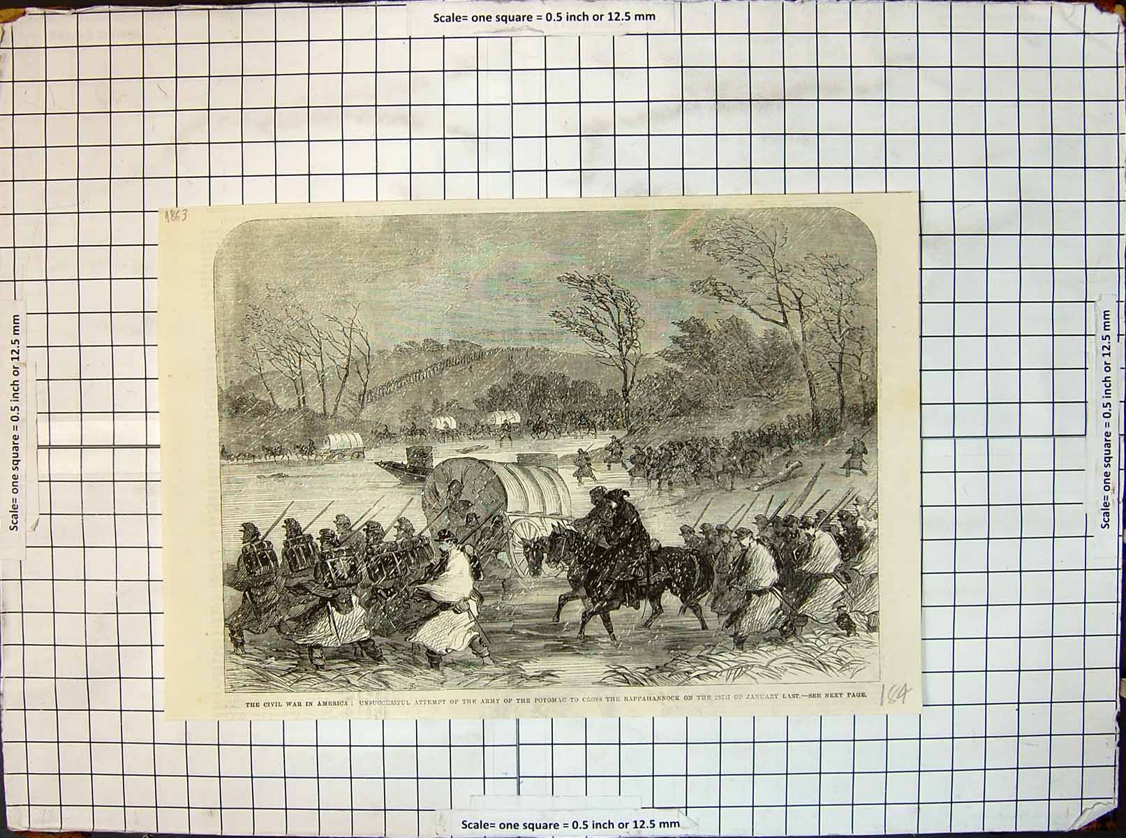 Old Print War America Failed Attempt Army Potomac Cross Rappahannock 1863 19th