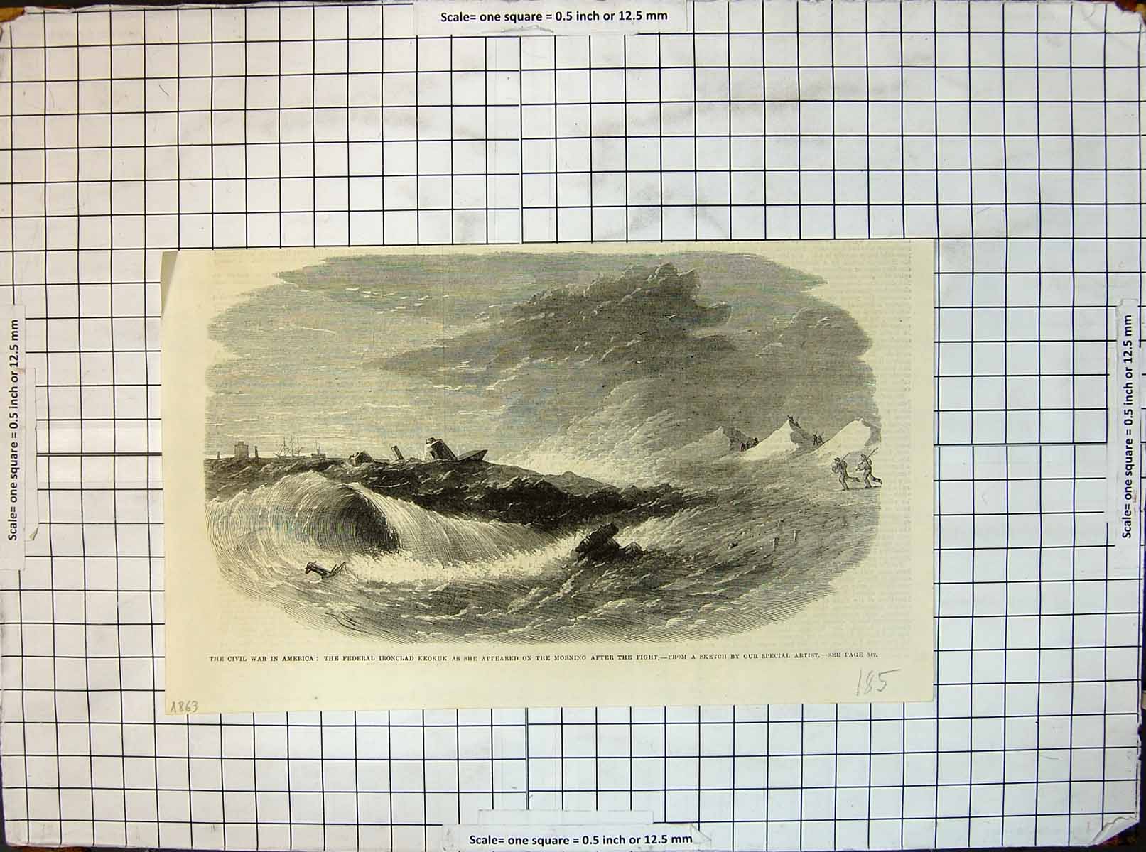 Antique Print War America Federal Ironclad Keokuk Morning After Fight 1863 19th