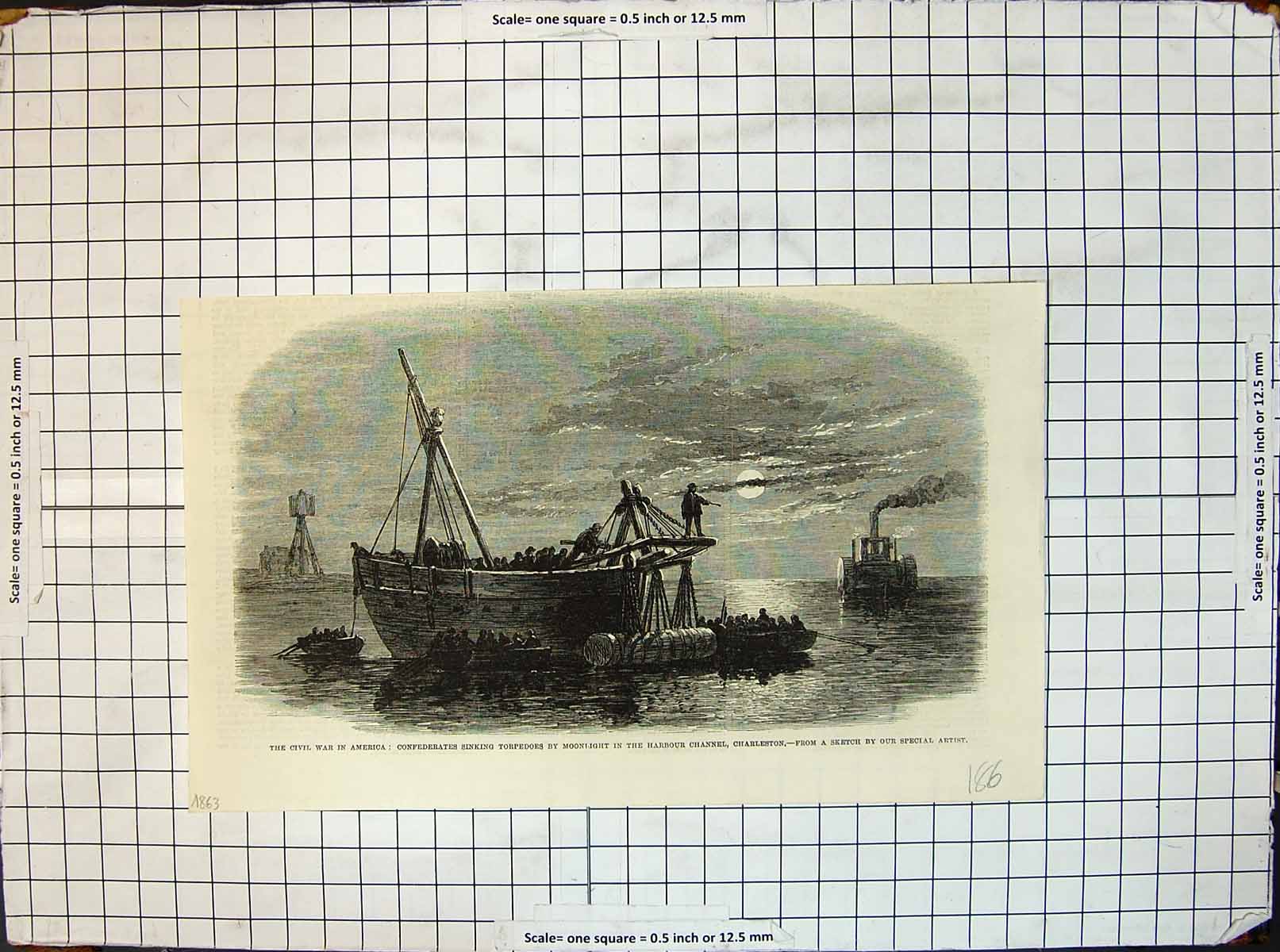 Antique Print America Civil Wars Sinking Torpedoes Harbour Charleston 1863 19th