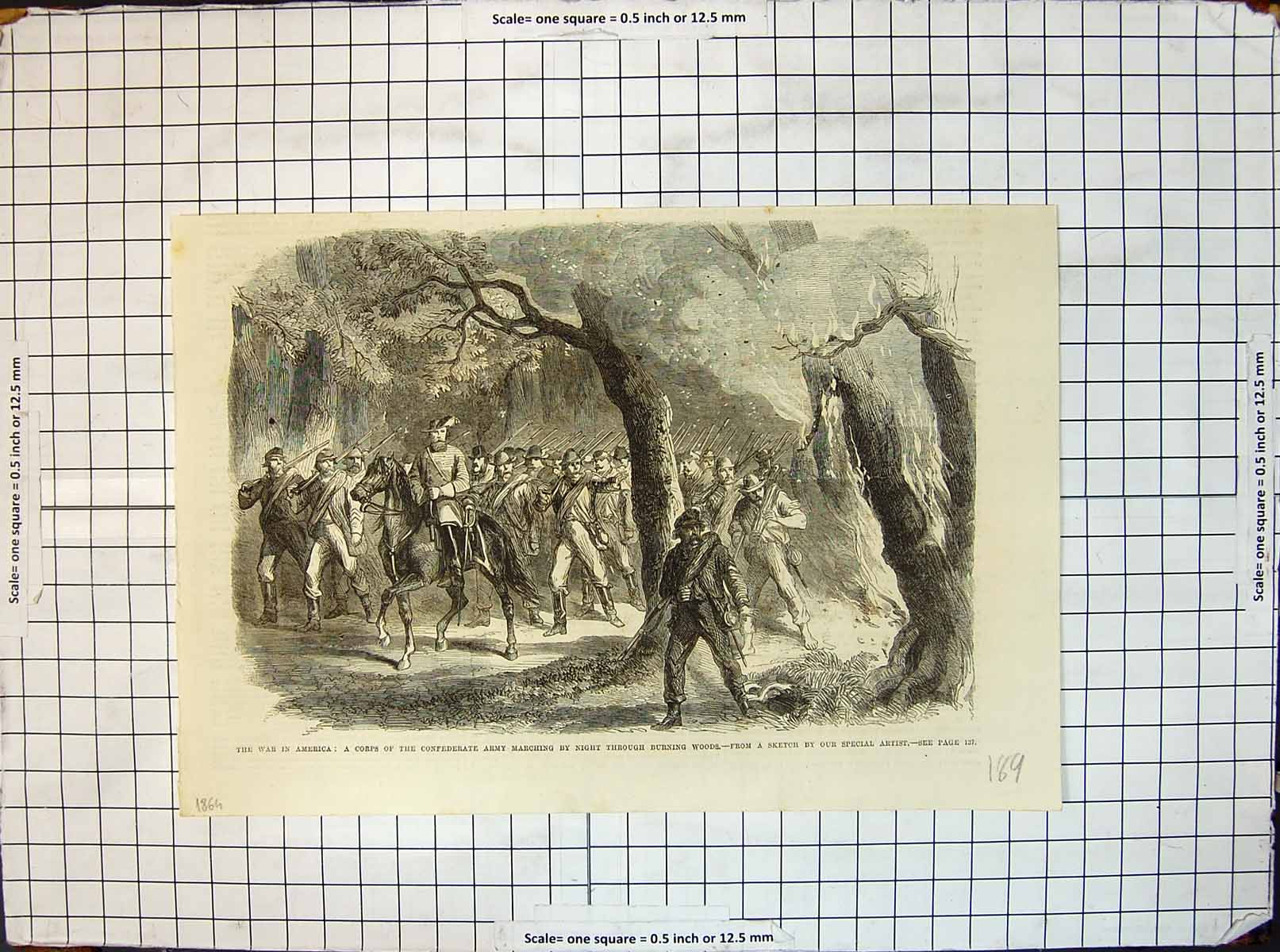 Antique Print War America Corps Civil War Army Marching Burning Woods 1865 19th