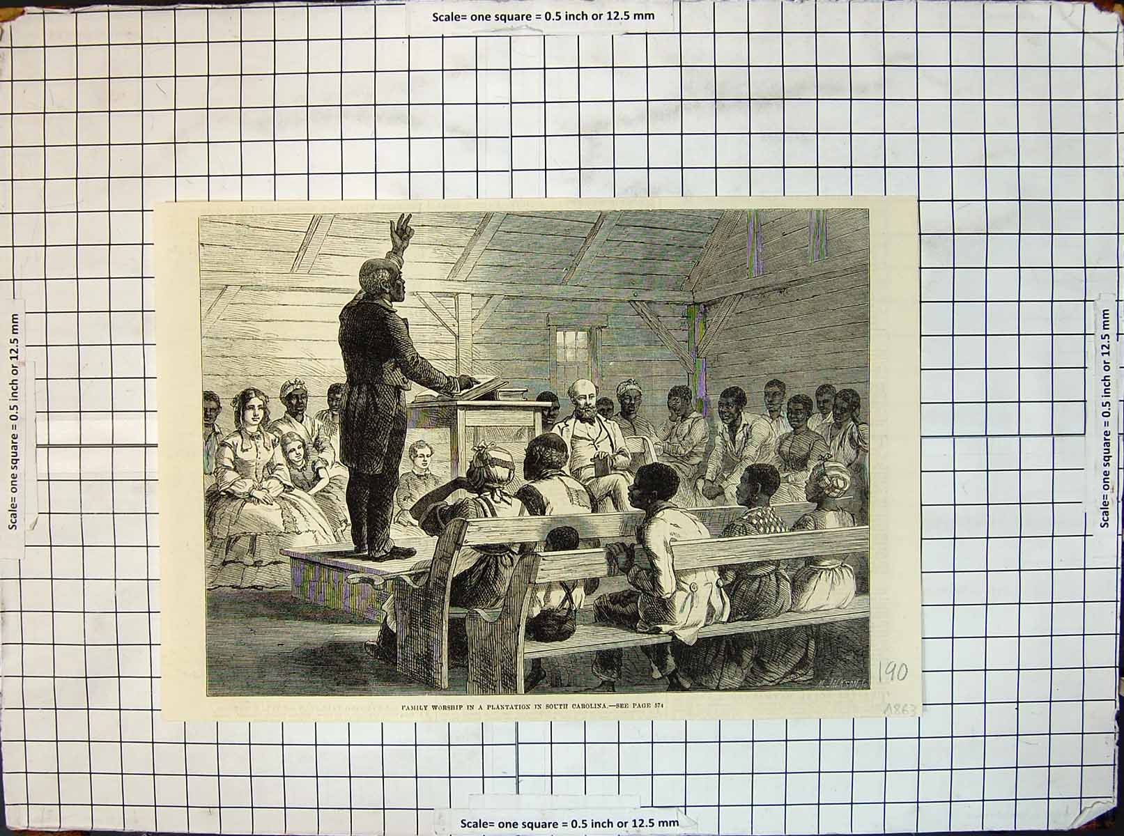 Original Old Antique Print Family Worship Plantation South Carolina 1863 19th