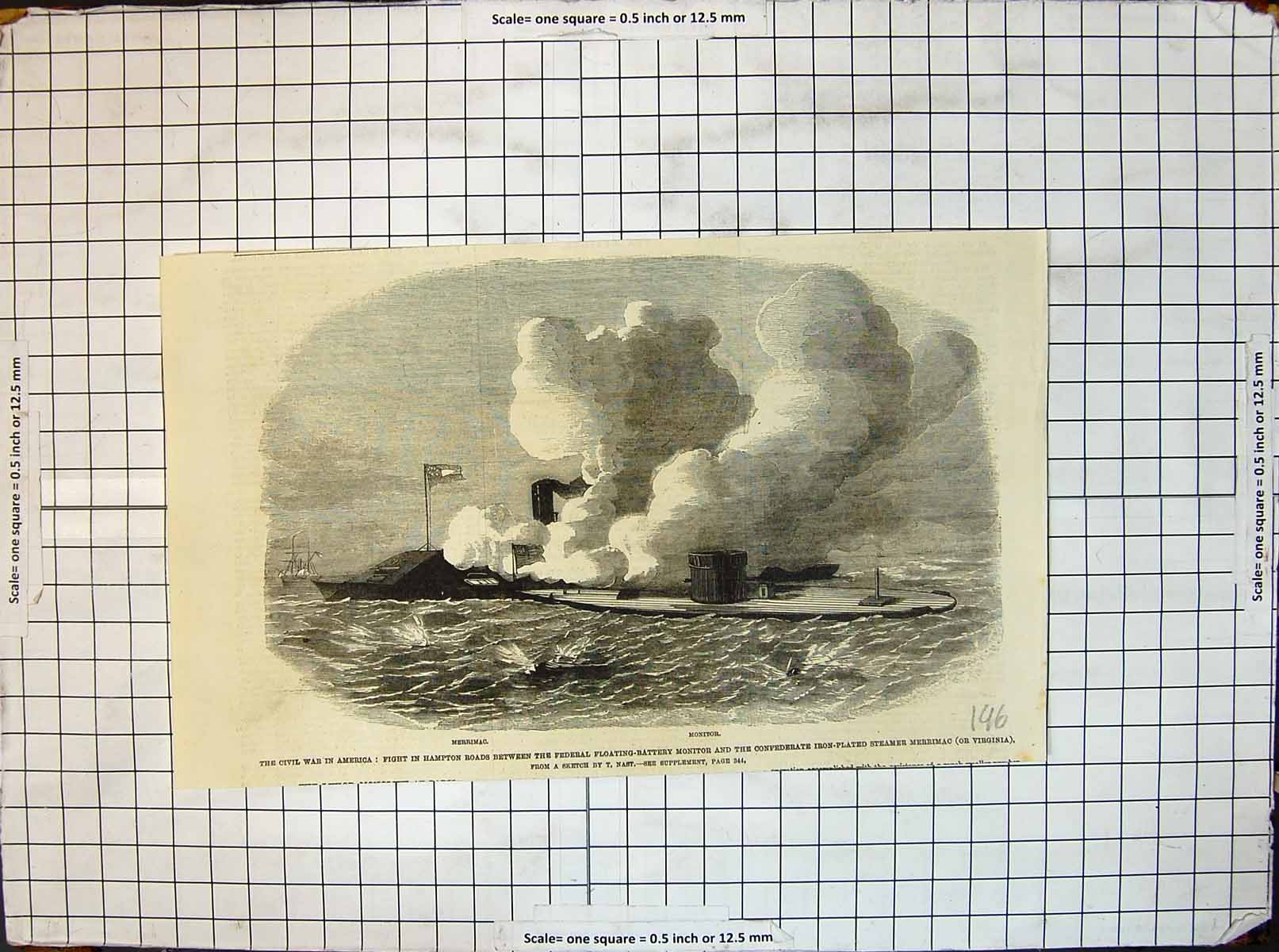 Antique Print Fight Hampton Roads Floating Battery Monitor Steamer Merrimac