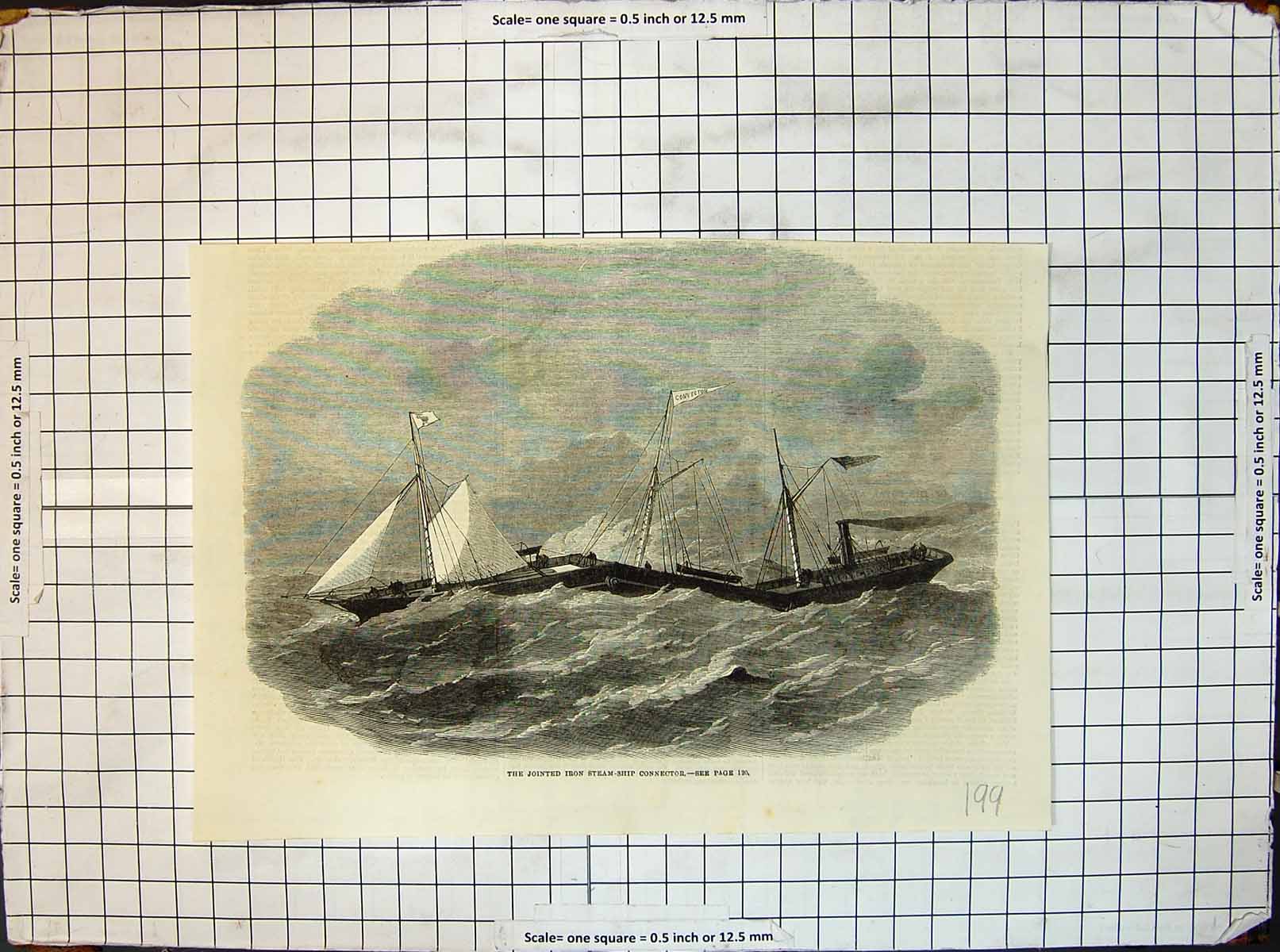 Original Old Antique Print Jointed Iron Steam Ship Connector 20th Century