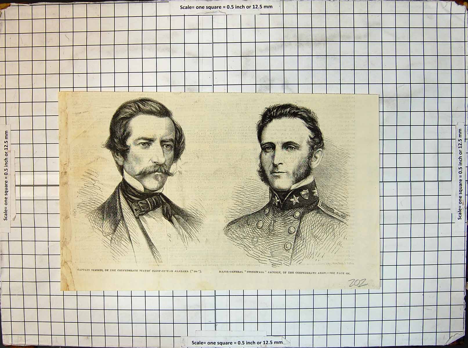 Old Print Capt Semmes Sloop War Alabama Maj Gen Stonewall Civil War Army