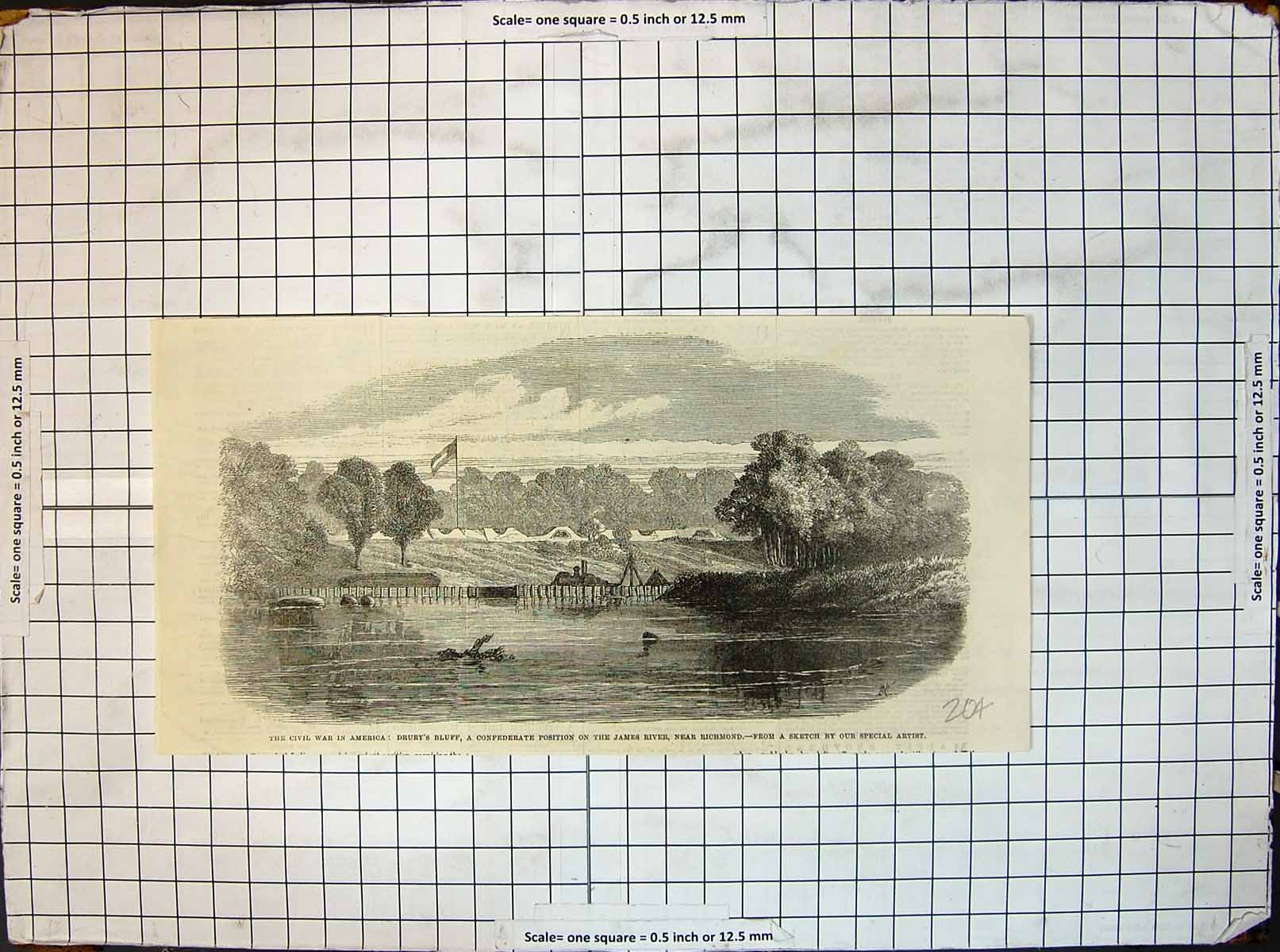 Original Old Antique Print Civil War America Drurys Bluff Position James River