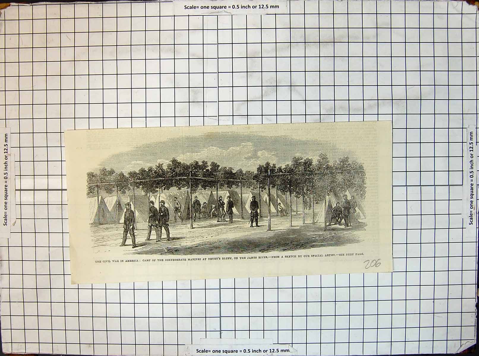 Old Antique Print Civil War America Camp Marines Drurys Bluff James Riv