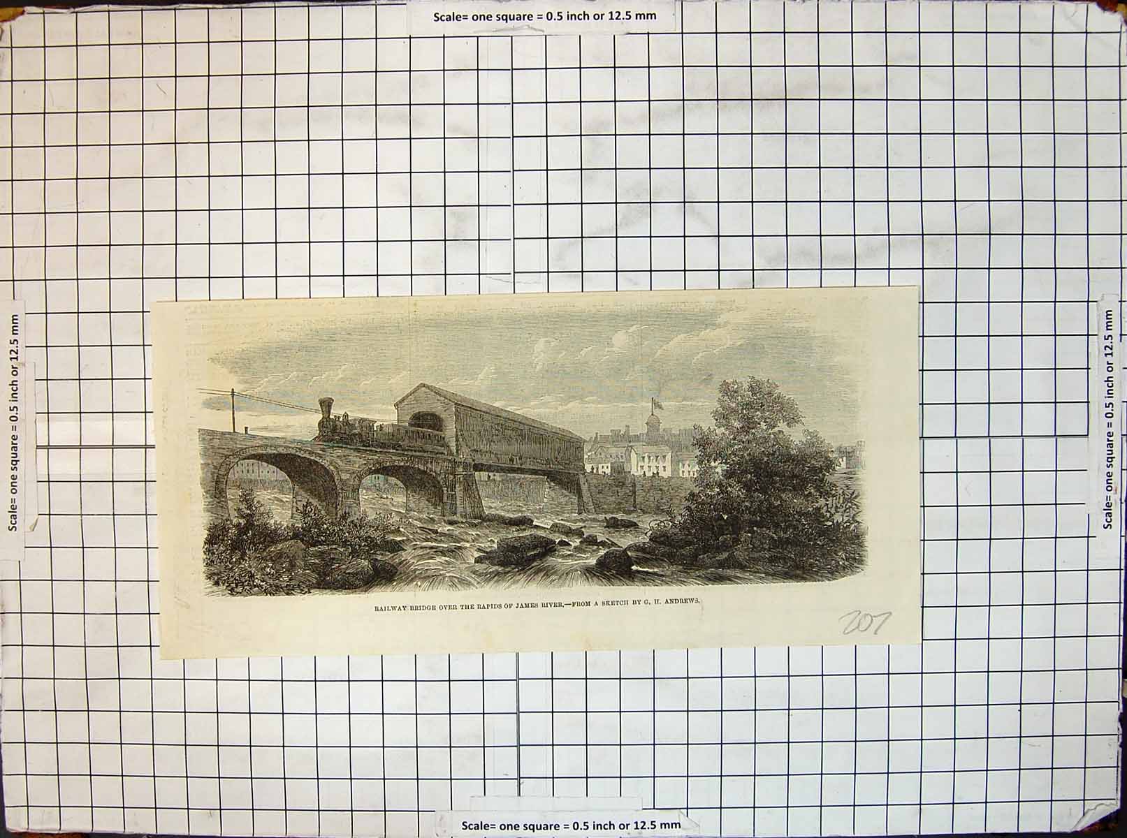 Original Old Antique Print Railway Bridge Over Rapids James River G H Andrews