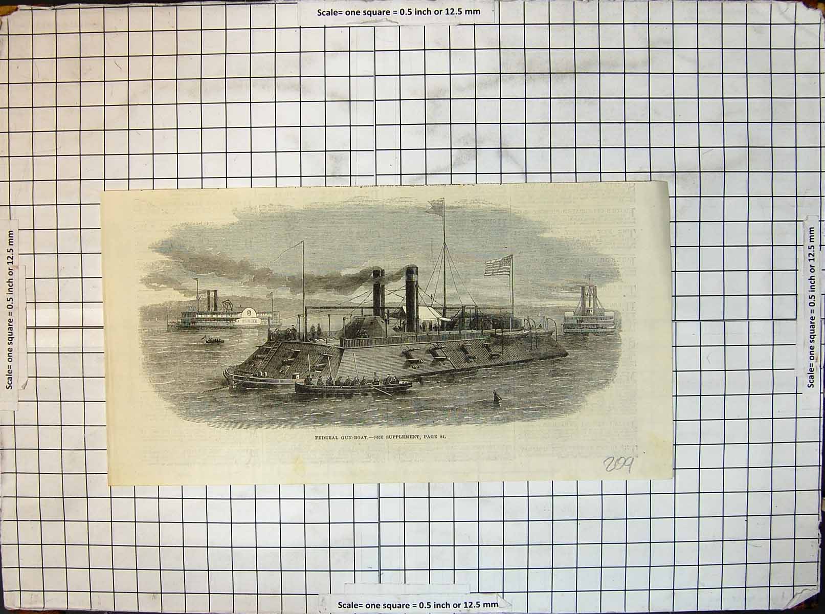 Original Old Antique Print Federal Gun Boat At Sea Surrounded Other Ships