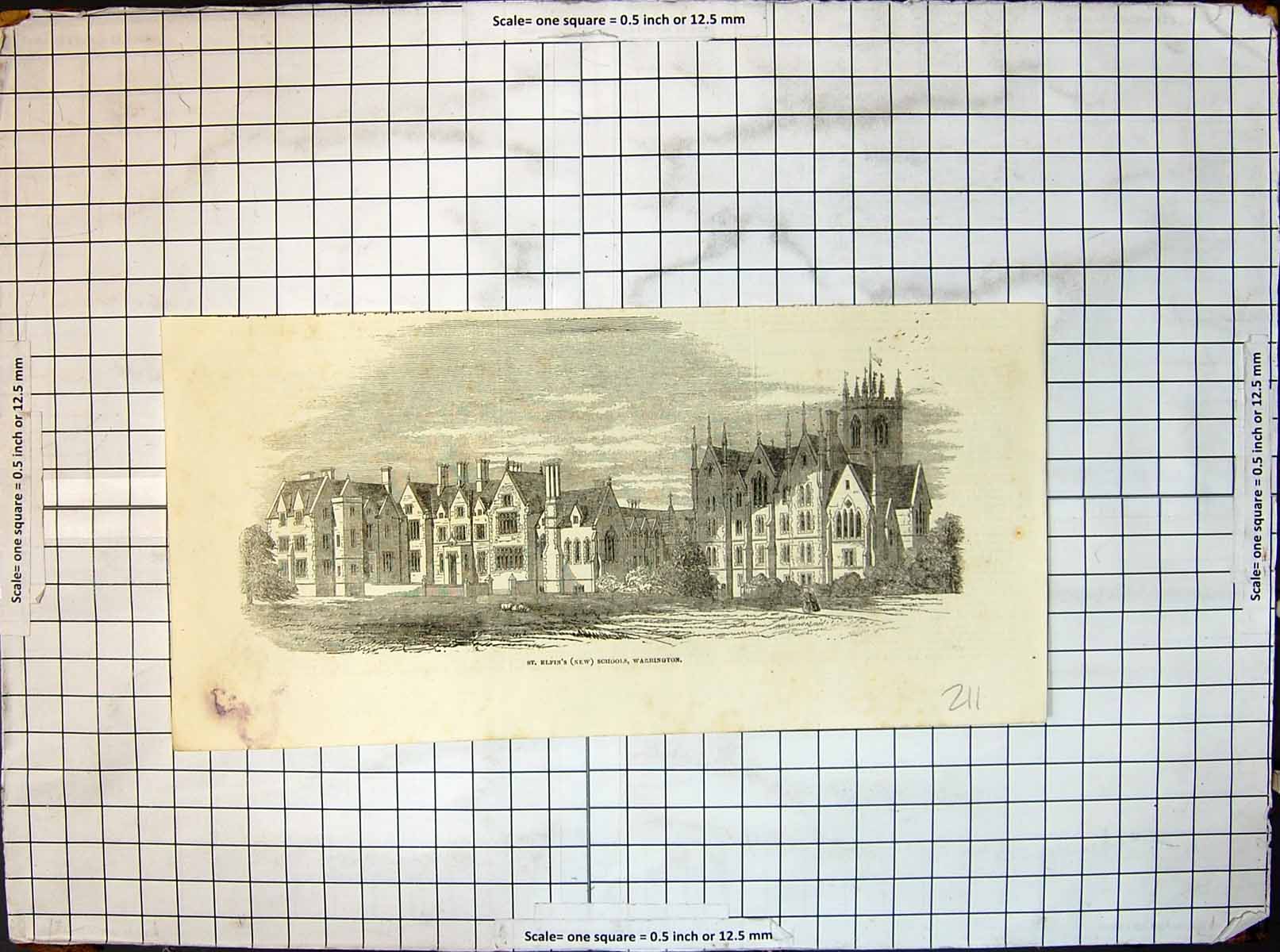 Original Old Antique Print St Elfins New Schools Warrington Exterior