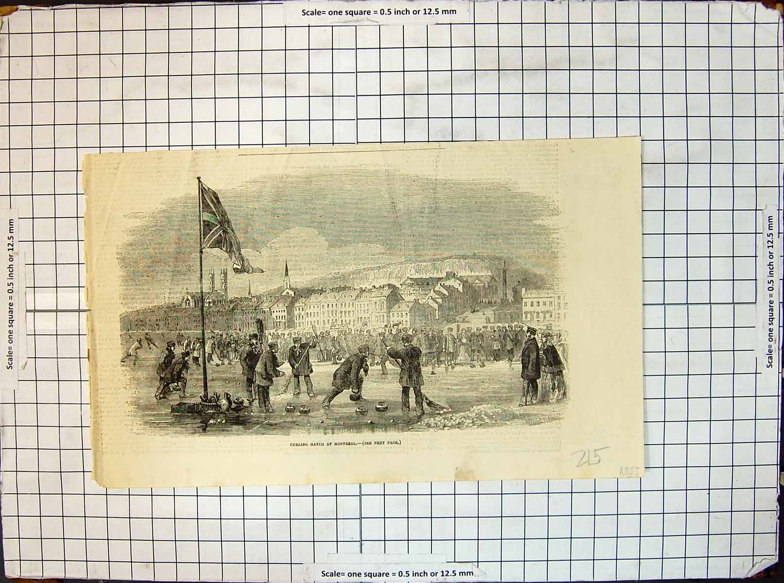 Original Old Antique Print Curling Match Montreal Frozen Lake 1855 Victorian
