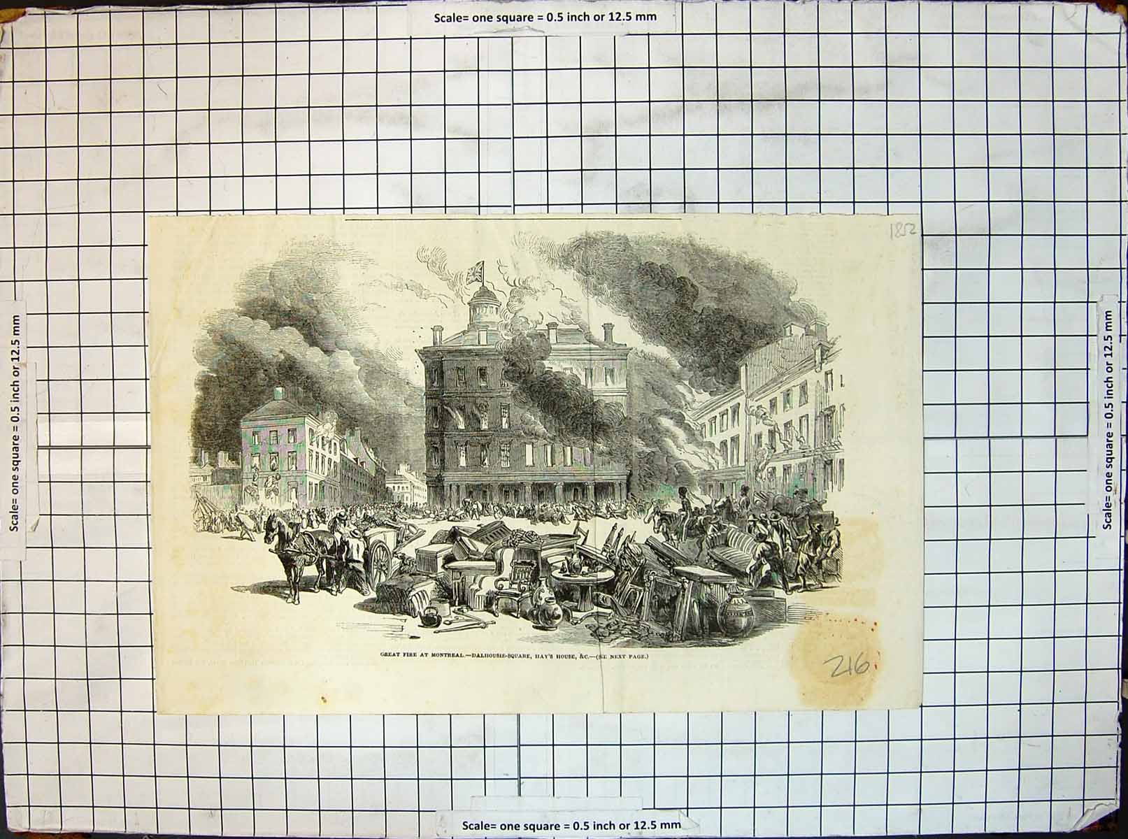 Original Old Antique Print Great Fire Montreal Dalhousie Square Hays House 1852