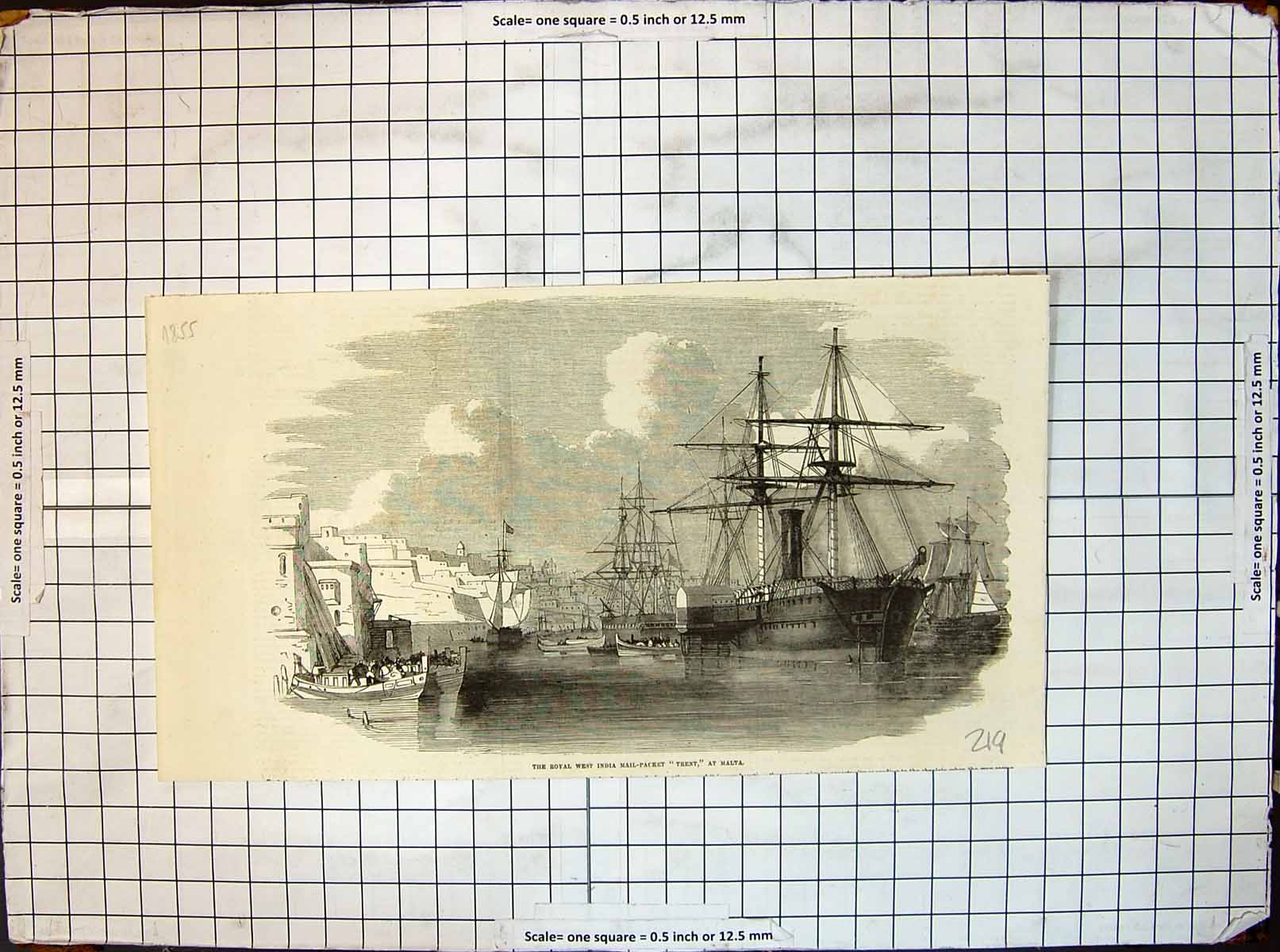 Original Old Antique Print Royal West India Mail Packet Trent Malta 1855 19th