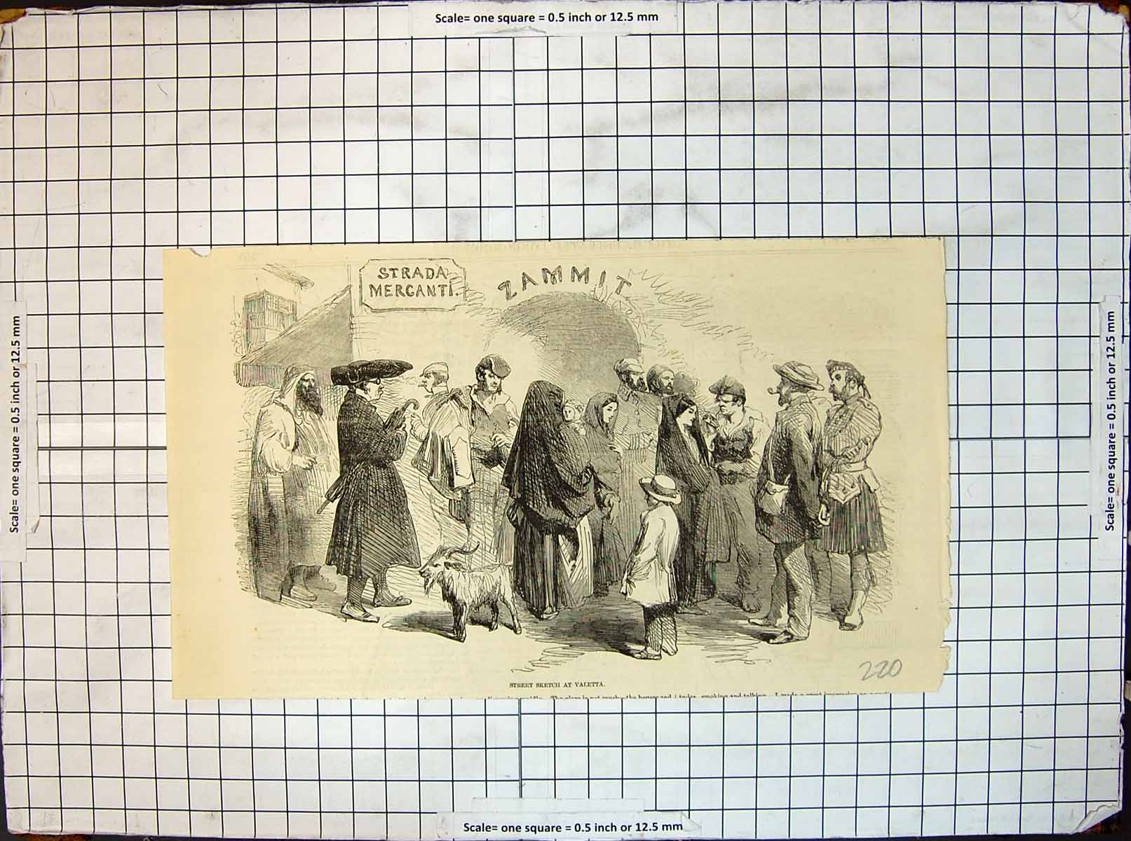 Antique Old Print Street Sketch Valetta Strada Merganti Zammit Goat People