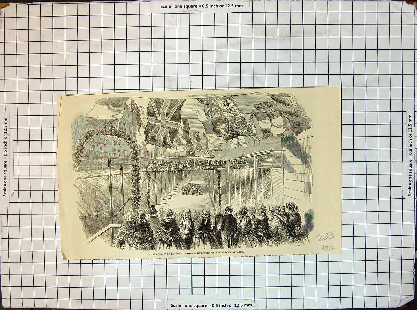 Original Old Antique Print Ceremony Laying Foundation Stone New Dock Malta 1857