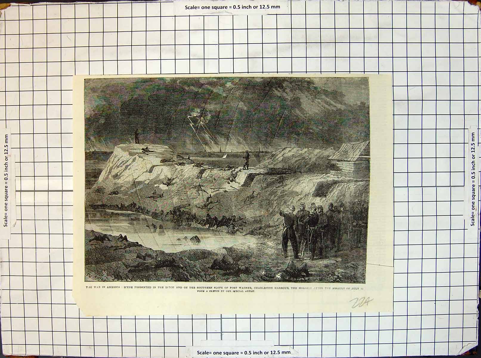 Old Print War America Ditch Slope Fort Wagner Charleston Harbour Assault