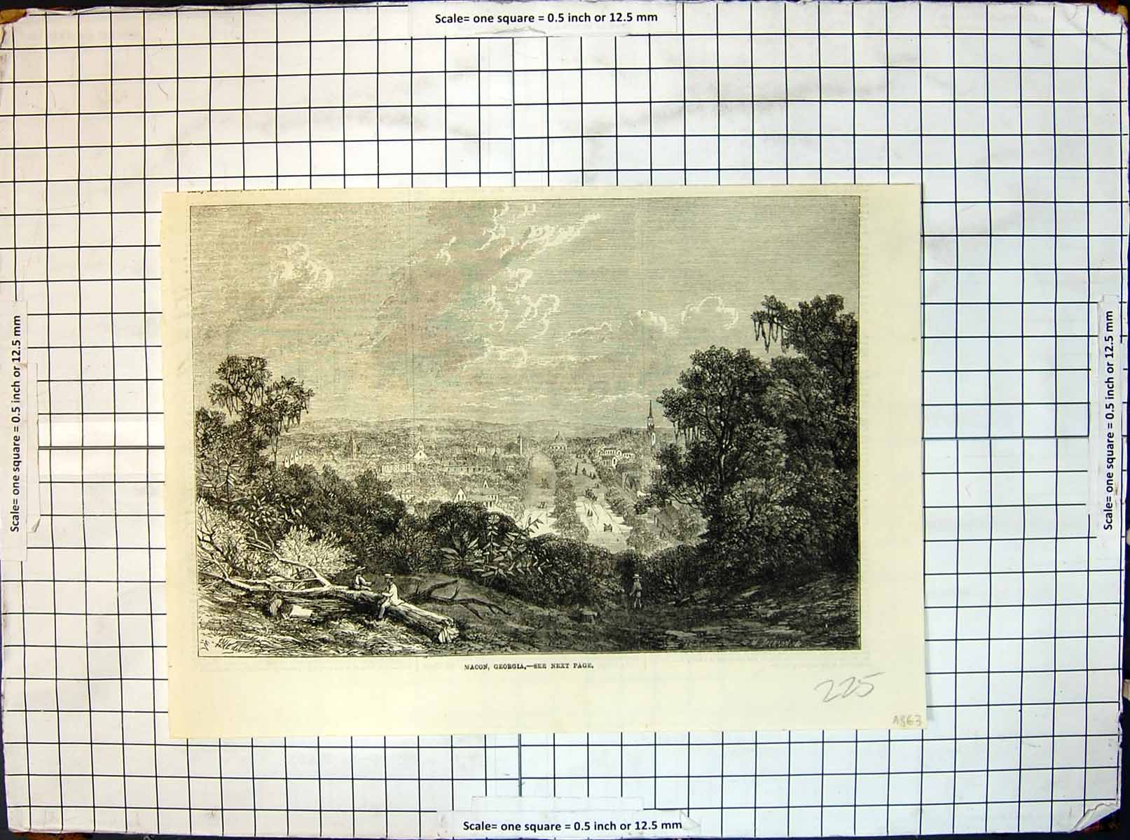 Original Old Antique Print Town Macon Georgia Church Trees M Jackson 1863 19th