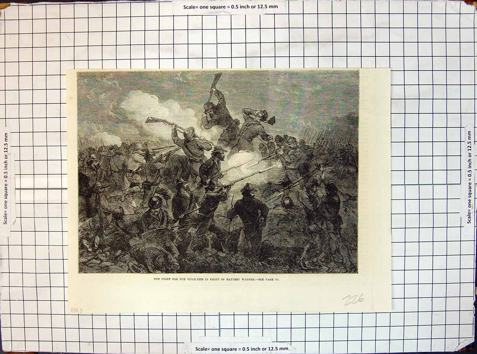 Original Old Antique Print Fight For Rifle Pits Front Battery Wagner 1863 19th
