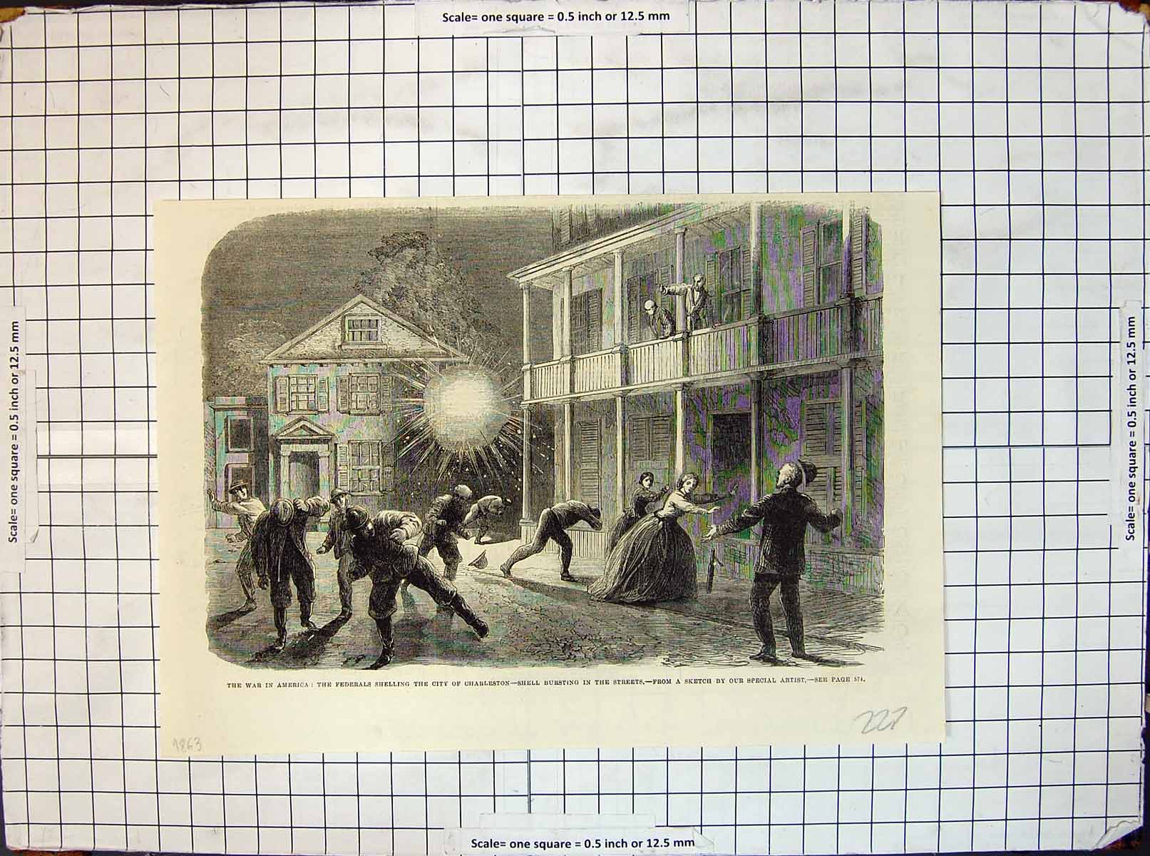 Old War America Federals Shelling City Charleston Shell Burst Street1
