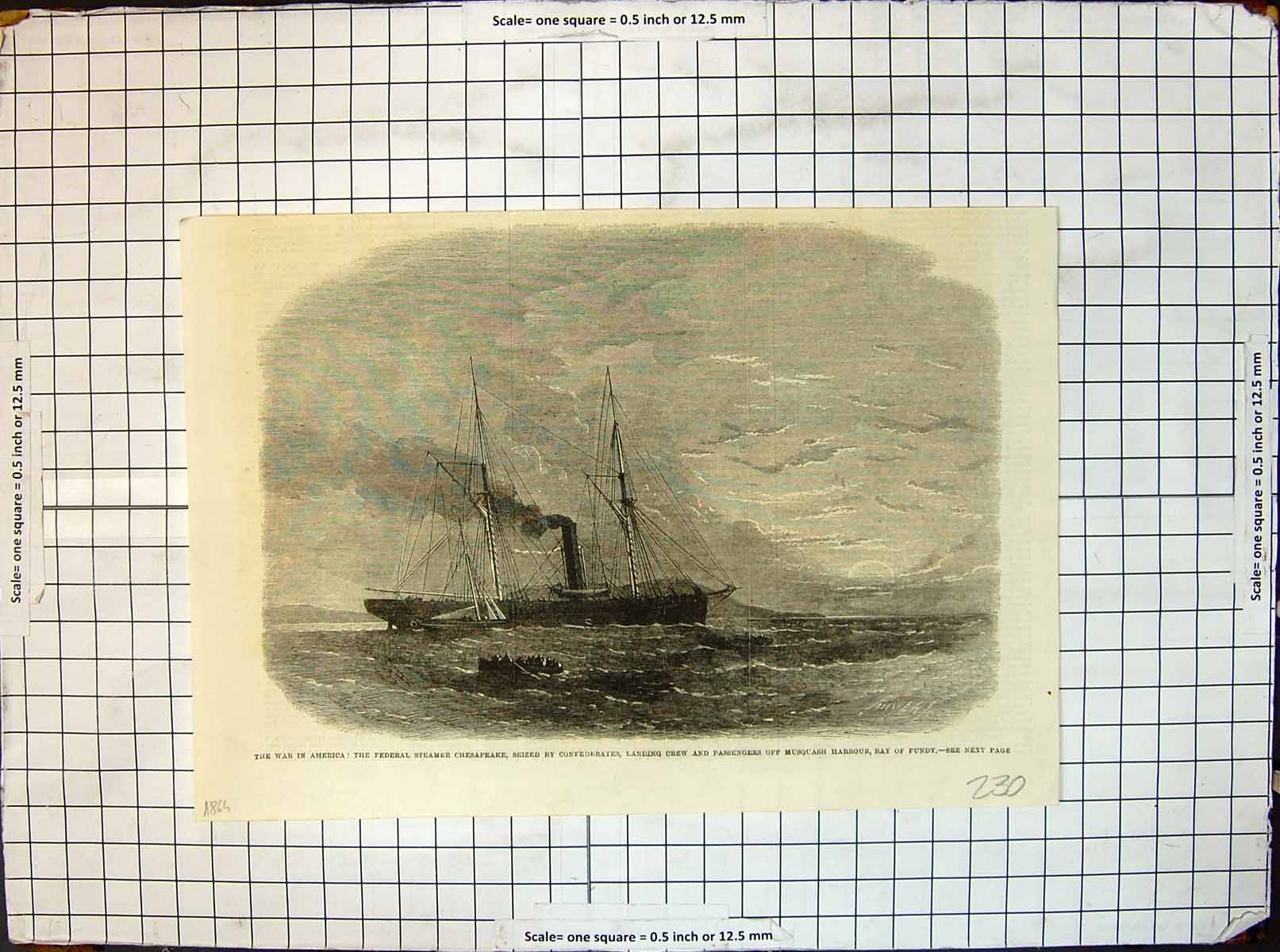 Old Print Federal Steamer Chesapeake Seizes Civil Wars Crew Musquash 1864 19th