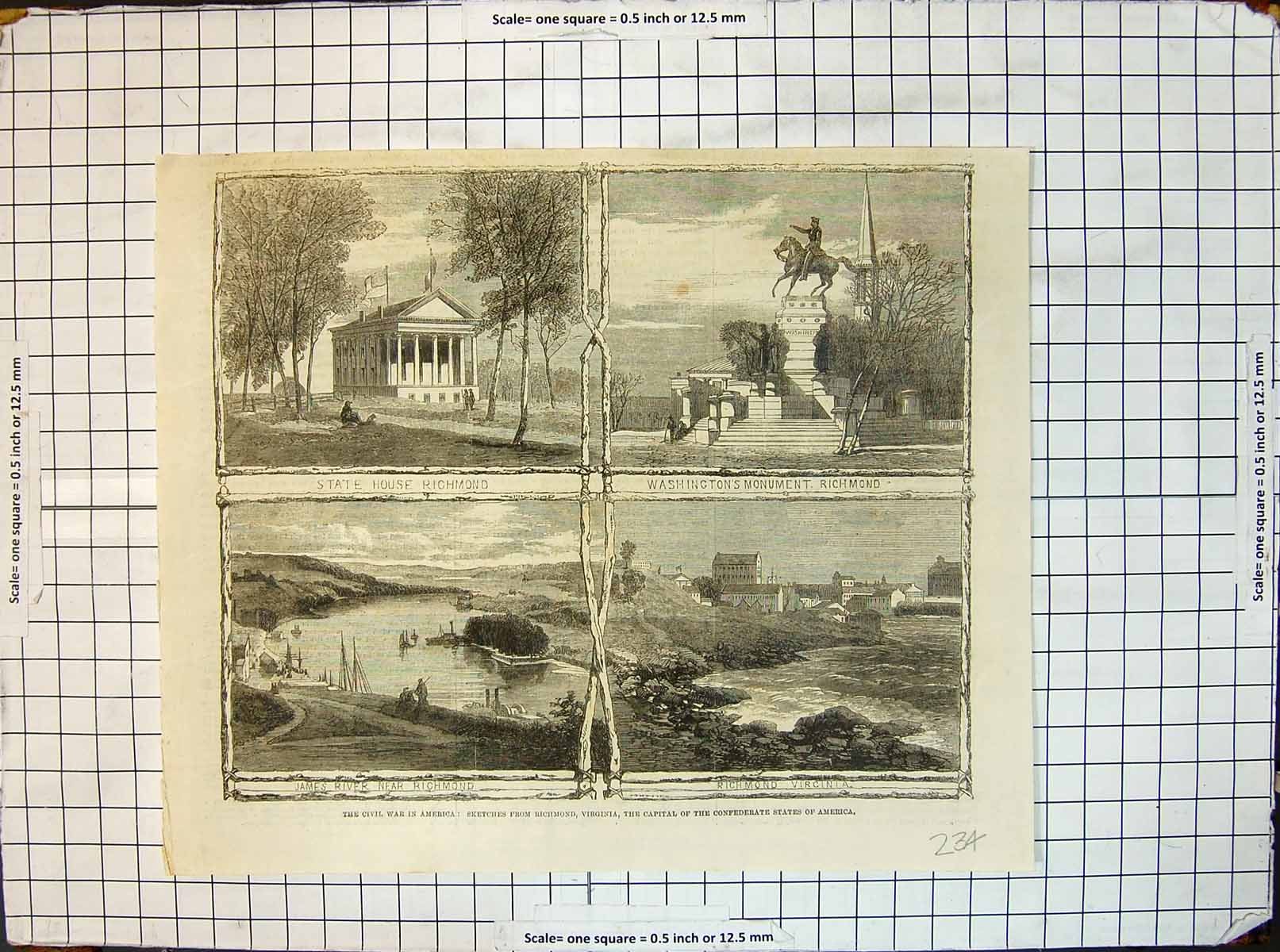 Old Print Richmond Virginia Capital Civil War States Washingtons Monument