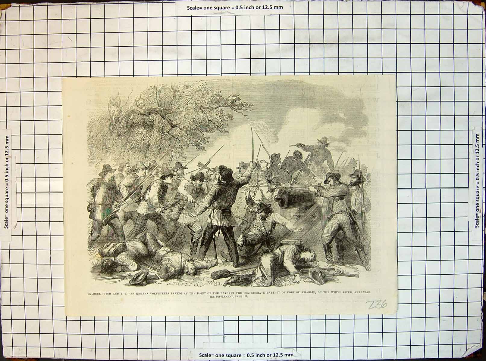 Antique Old Print Col Fitch Taking Bayonet Civil War Battery Fort St Charles