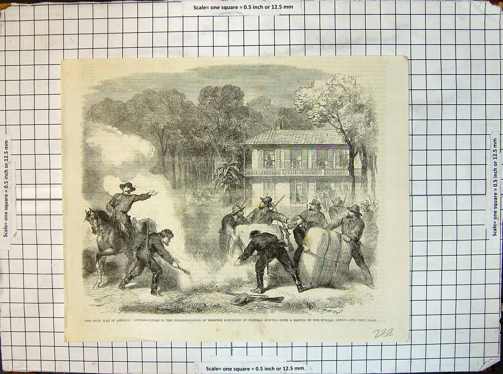 Antique Old Print War America Cottonburners Memphis Surprised Federal Scouts
