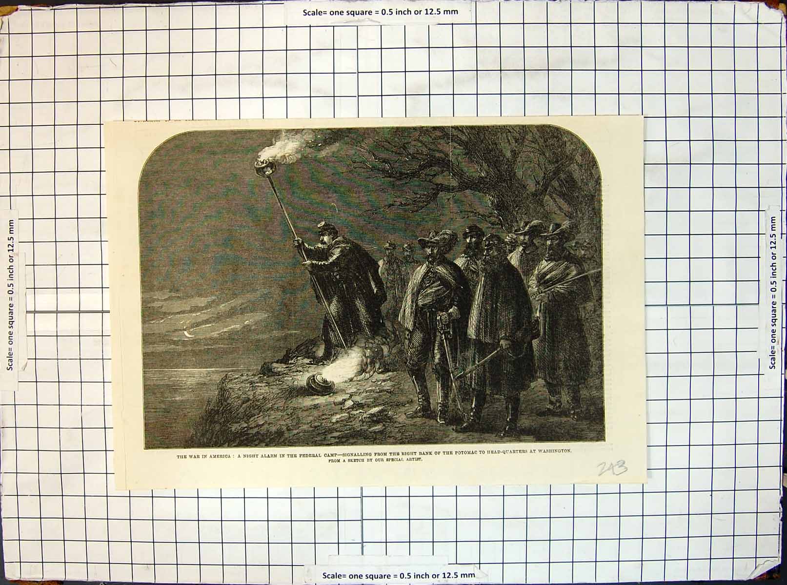 Antique Old Print Night Alarm Federal Camp Signalling Potomac H Q Washington