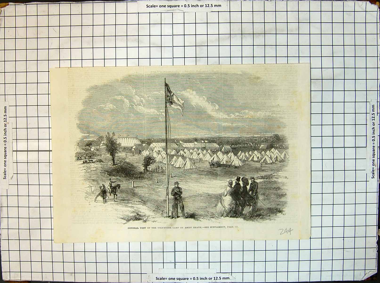 Original Old Antique Print View Volunteer Camp Ascot Heath Tents Flag Flying