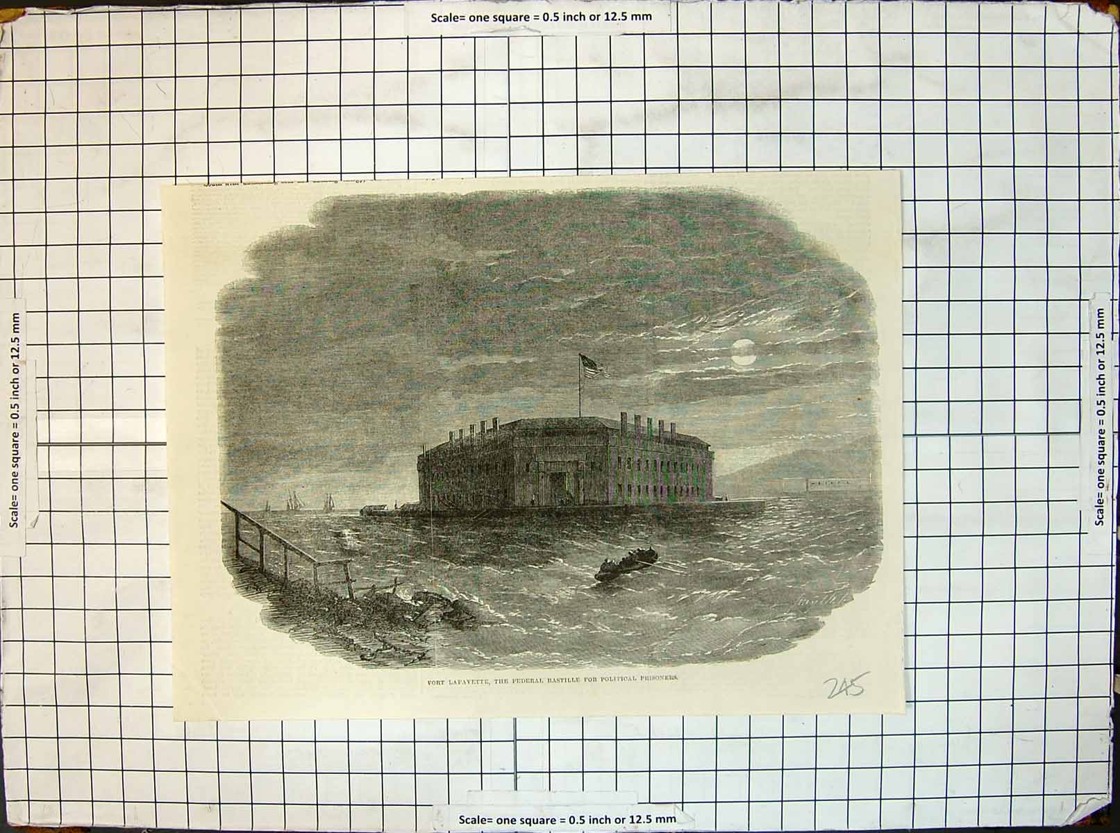 Original Old Antique Print Fort Lafayette Federal Bastille Political Prisoners