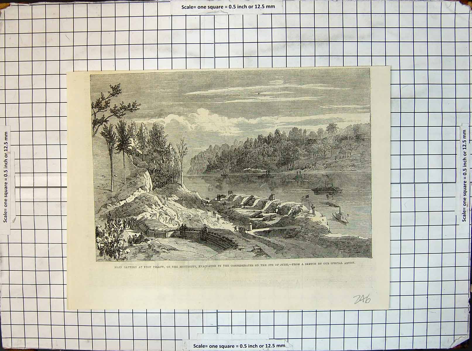Old Print Main Battery Fort Pillow Mississippi Evacuated Civil Wars 5Th J