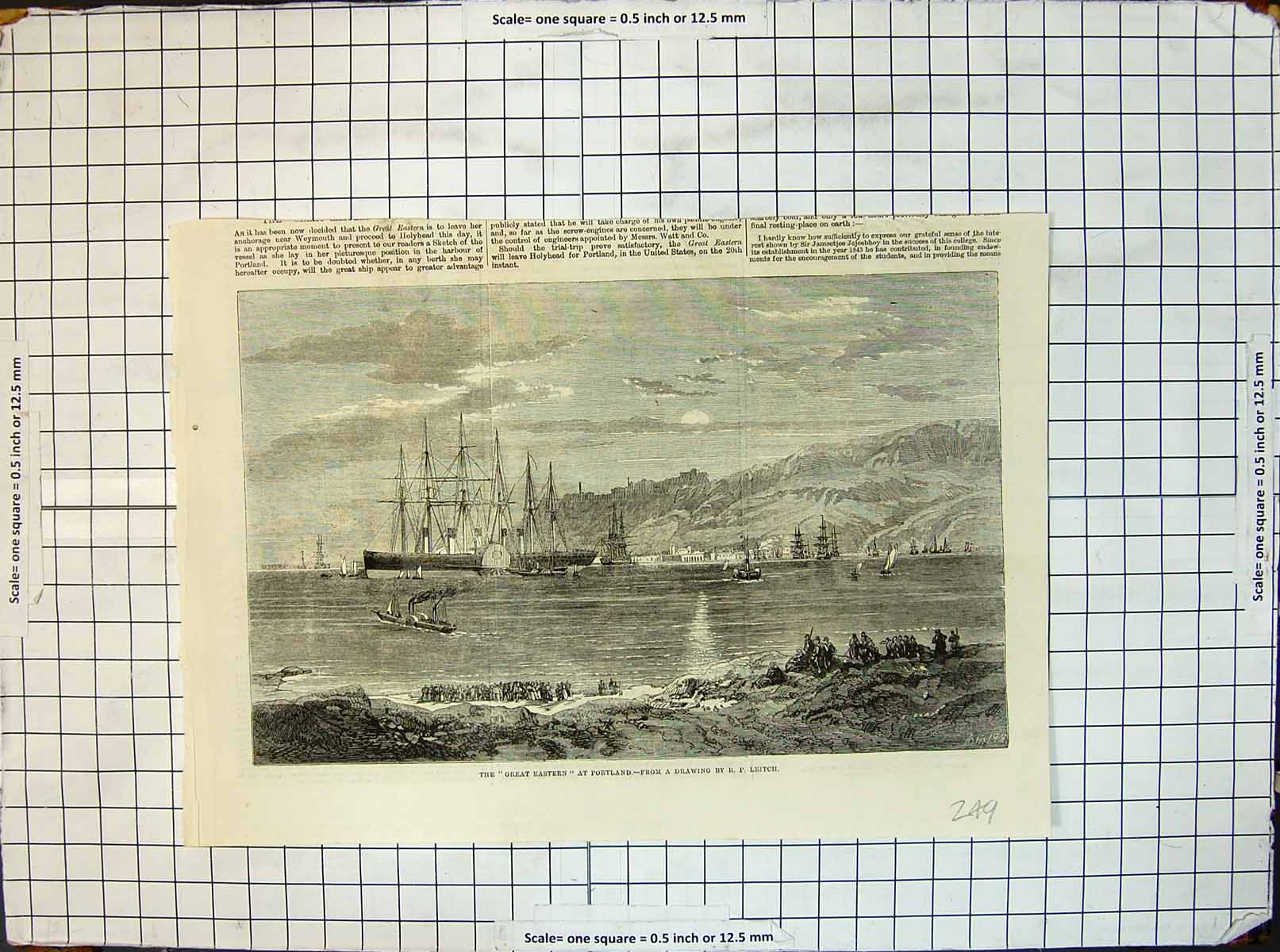 Original Old Antique Print Great Eastern Ship Portland Ships Bay R P Leitch