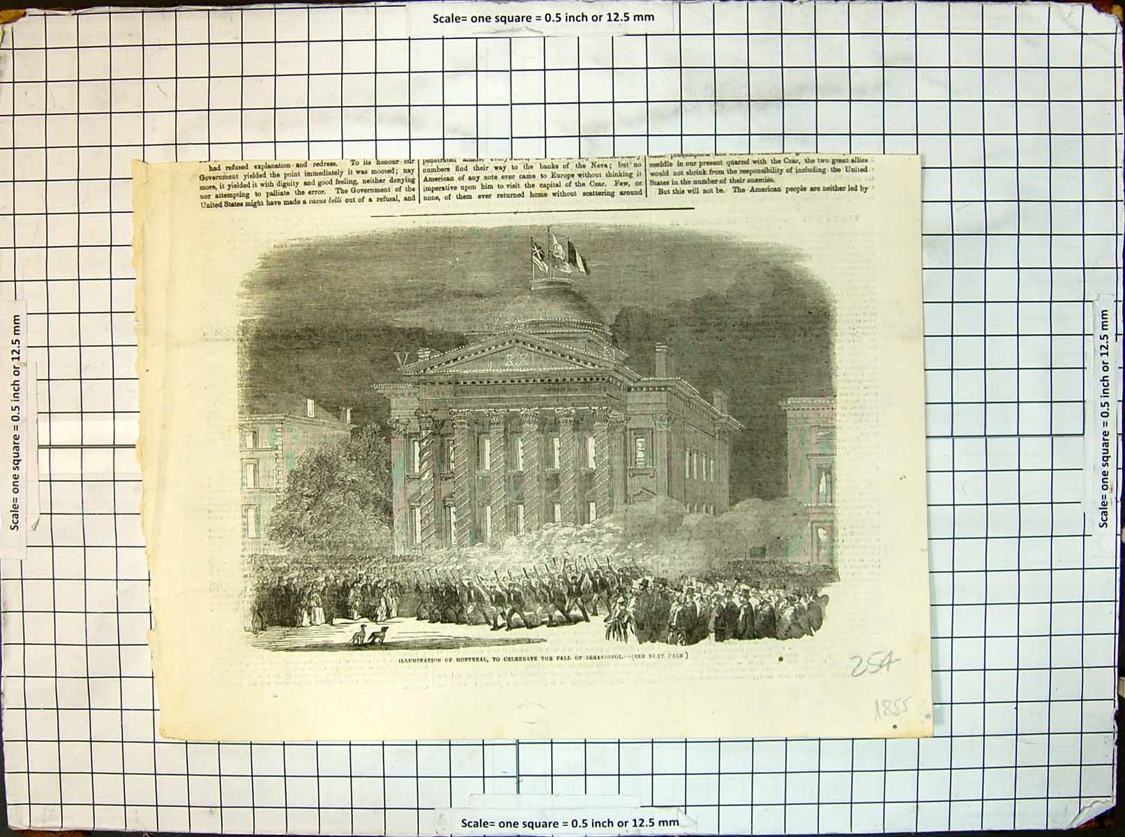 Original Old Antique Print Illumination Montreal Celebrate Fall Sebastopol 1855