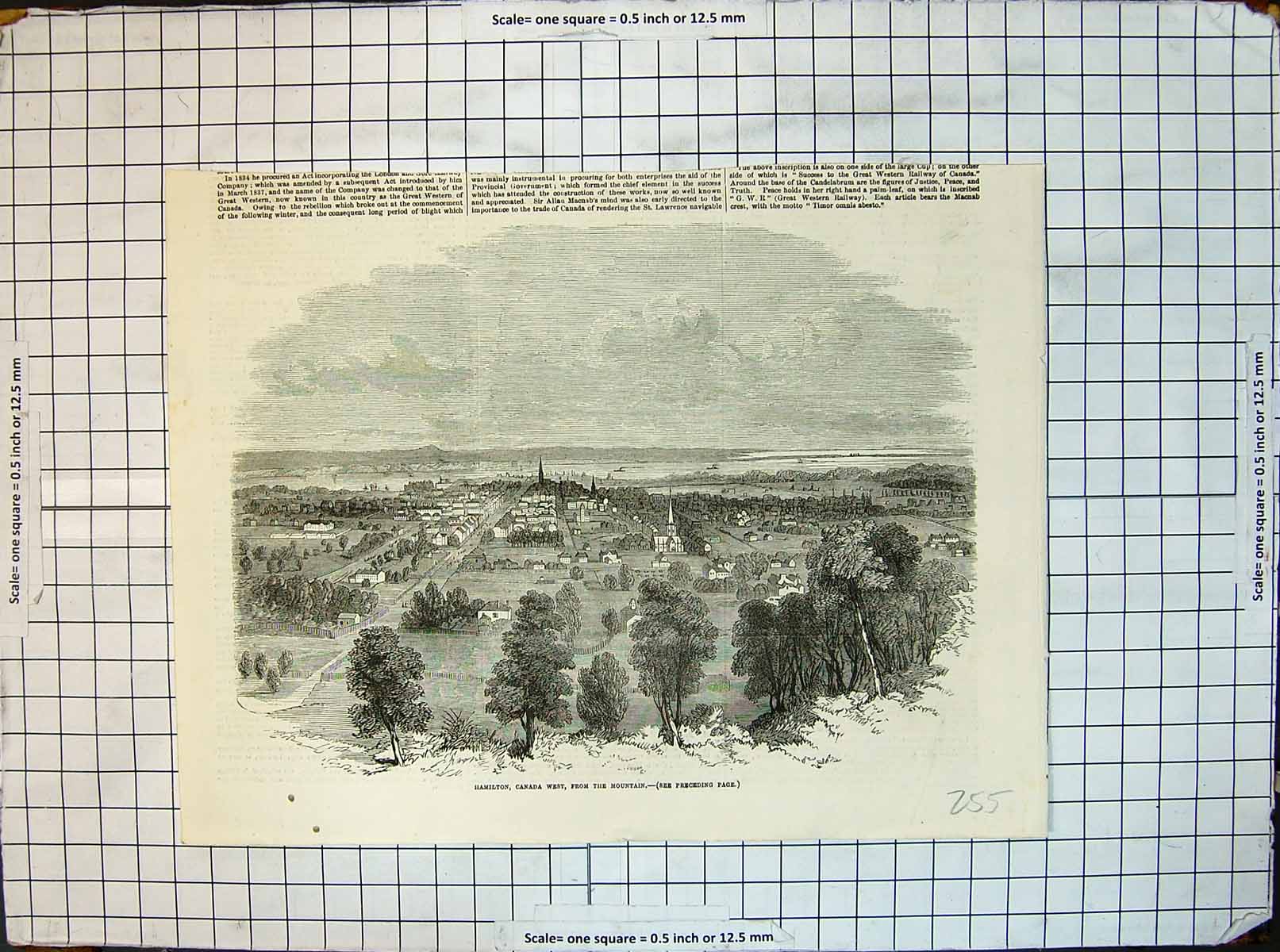 Original Old Antique Print Hamilton Canada West From Mountain Churches Houses