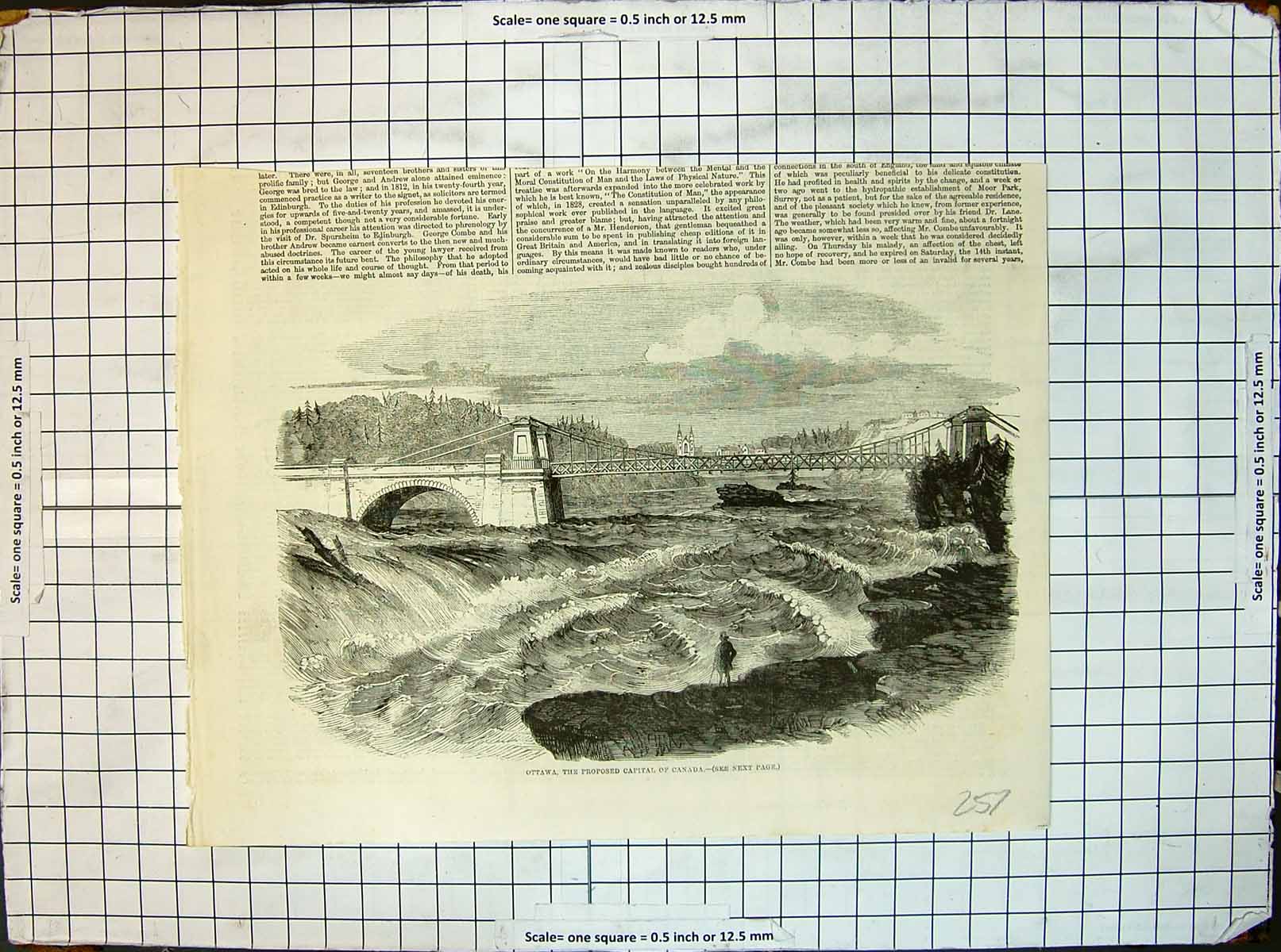 Original Old Antique Print Ottawa Proposed Capital Canada Bridge Over River