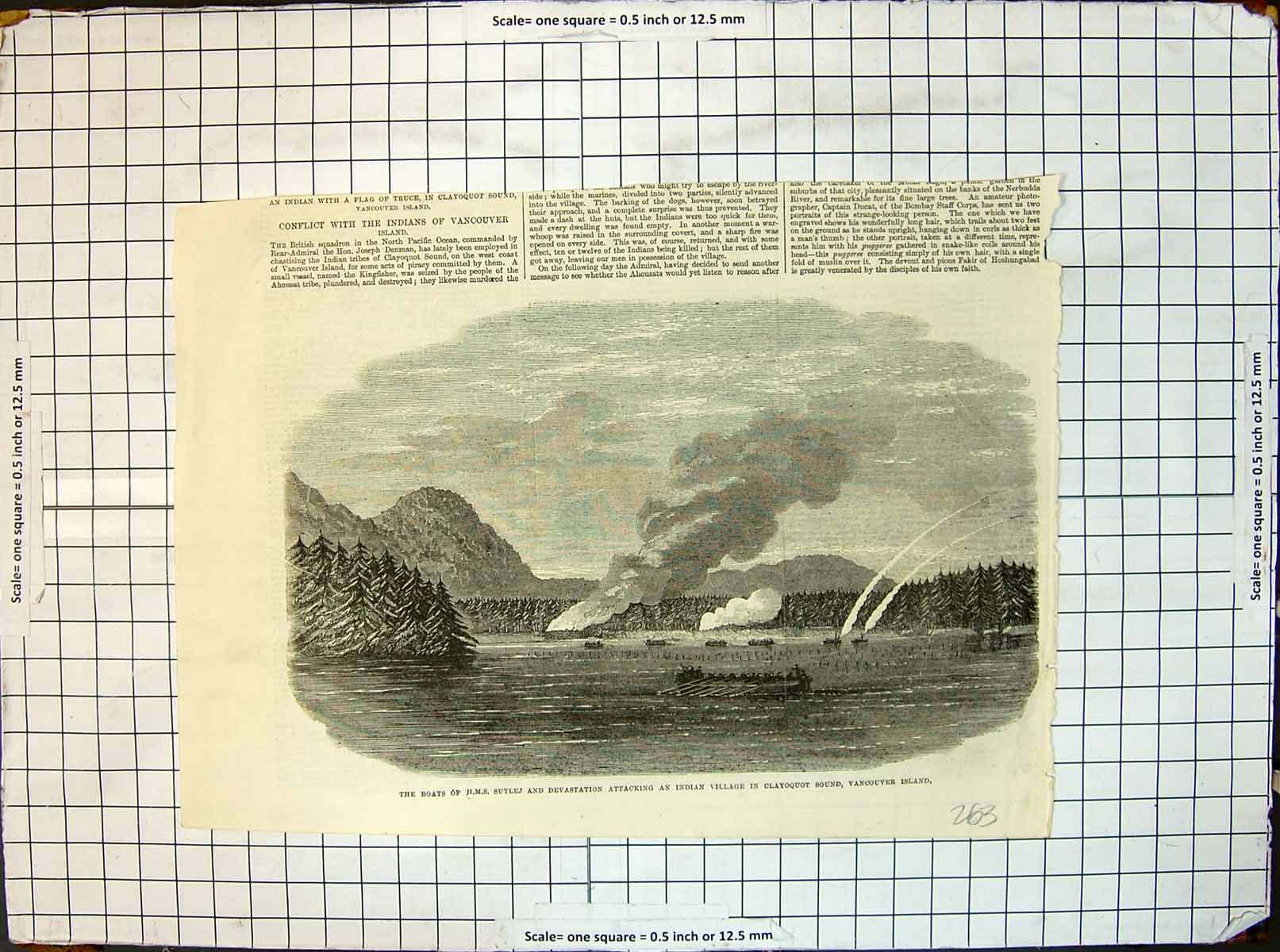 Old Print Boats Hms Sutlej Devastation Attacking Indian Village Clayoquot