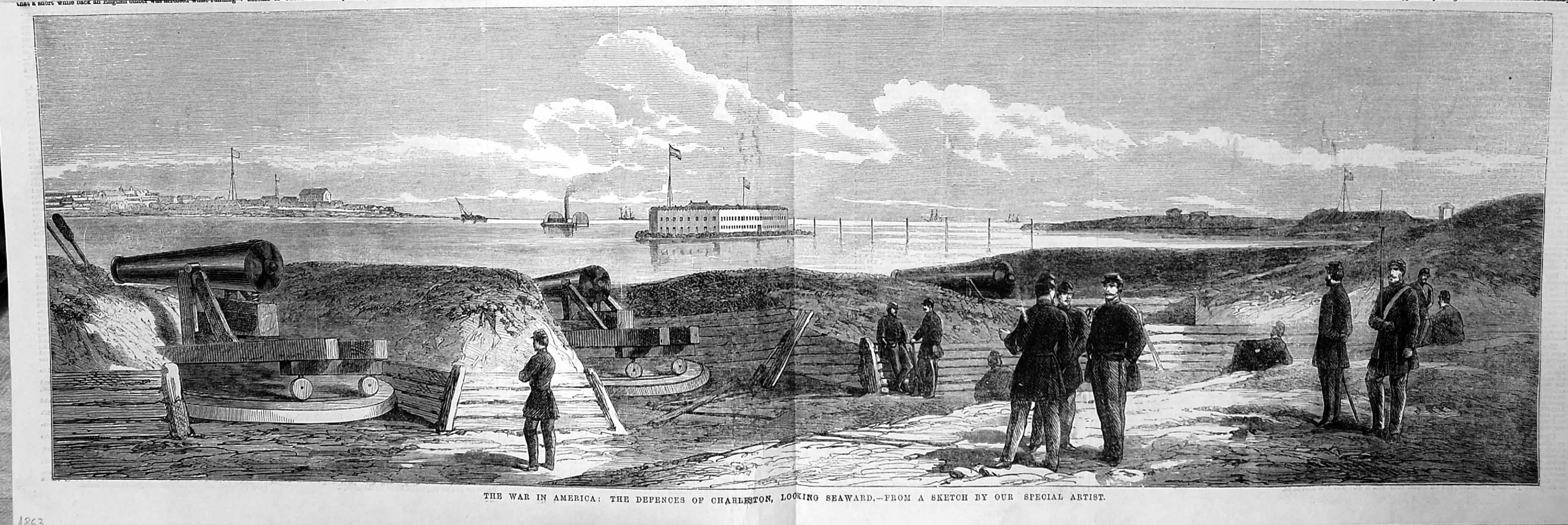 Old Antique Print War America Defences Charleston Looking Seaward Canons