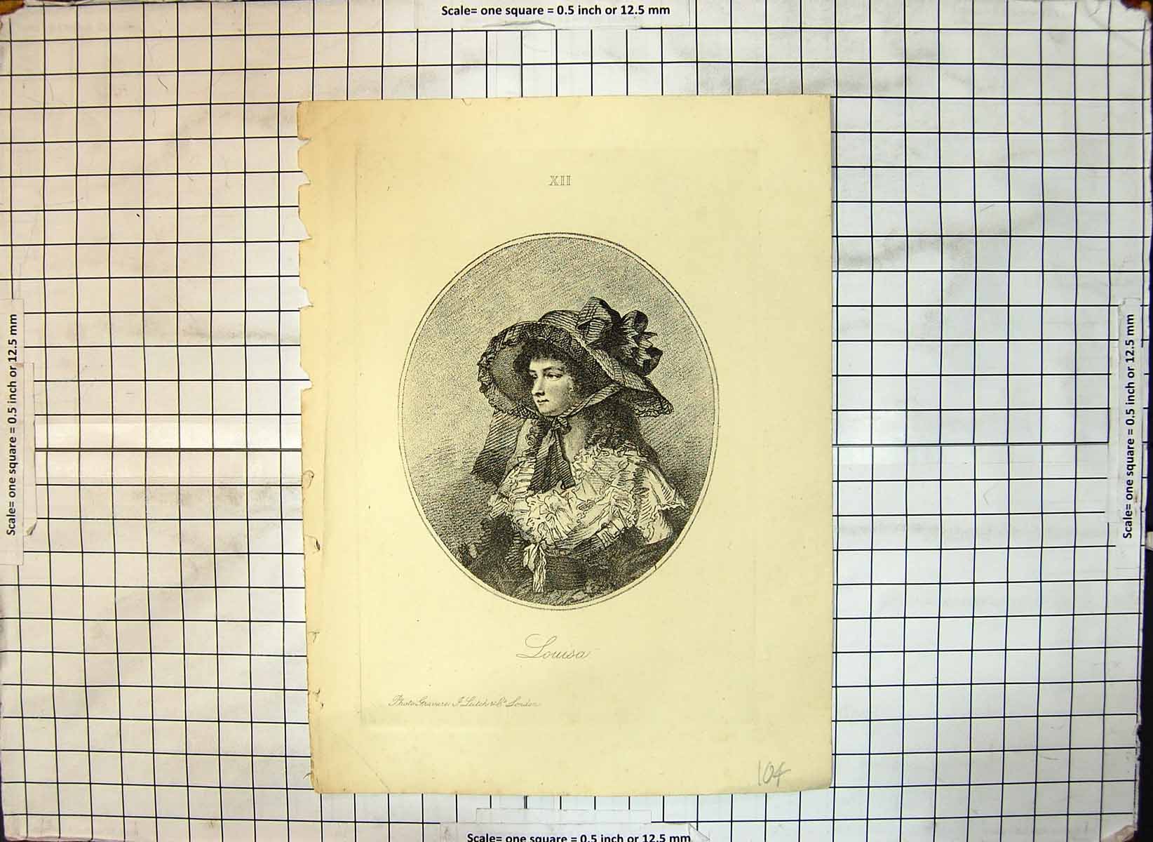 Original Old Antique Print Louisa Yong Woman Hat Ribbons