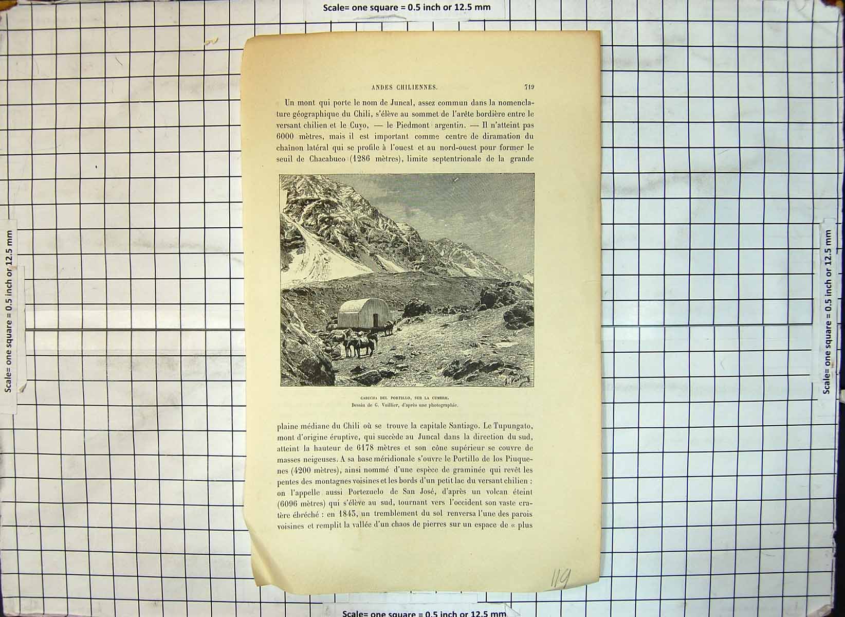 Antique Old Print Chilean Andes Casucha Del Portillo Sur La Cumbre G Vuillier