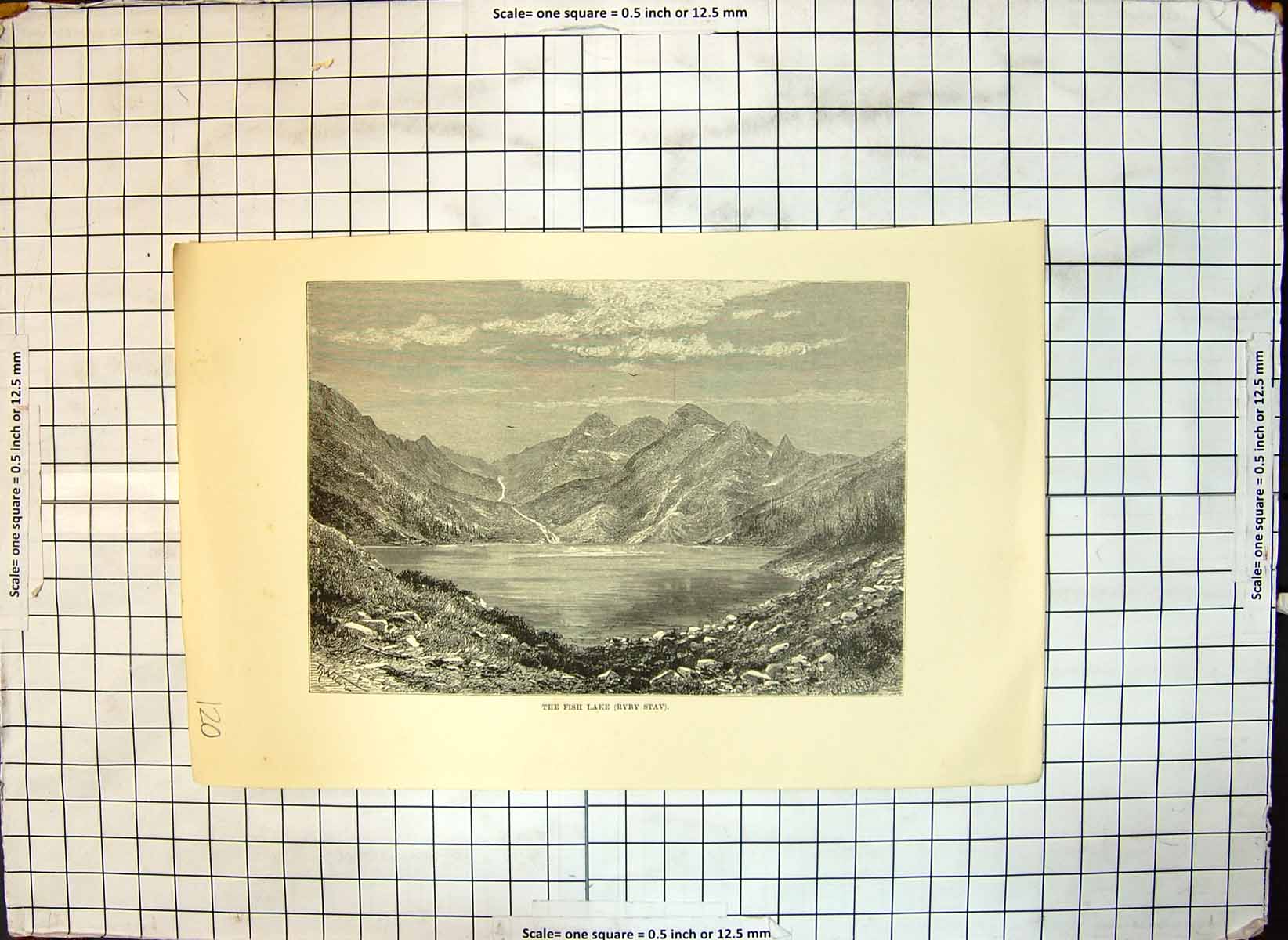 Original Old Antique Print Fish Lake Ryby Stav Lake Mountains