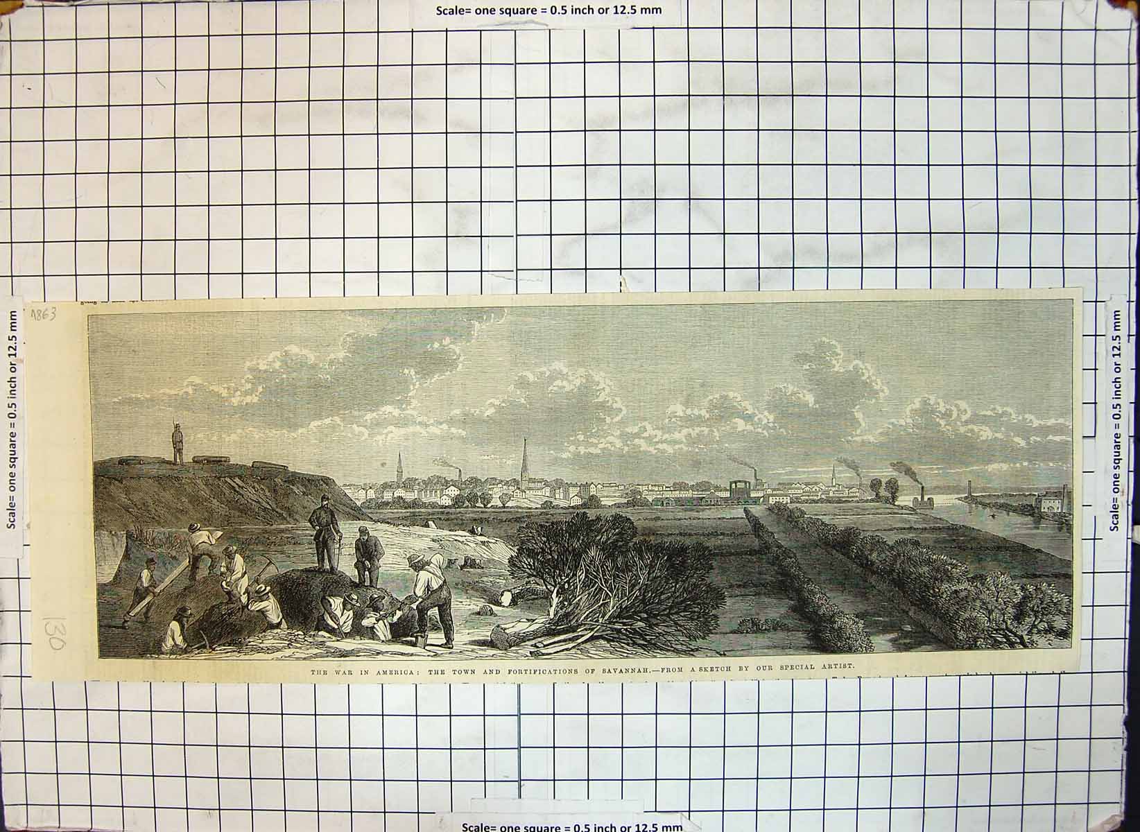 Original Old Antique Print War America Town Fortifications Savannah 1863 19th