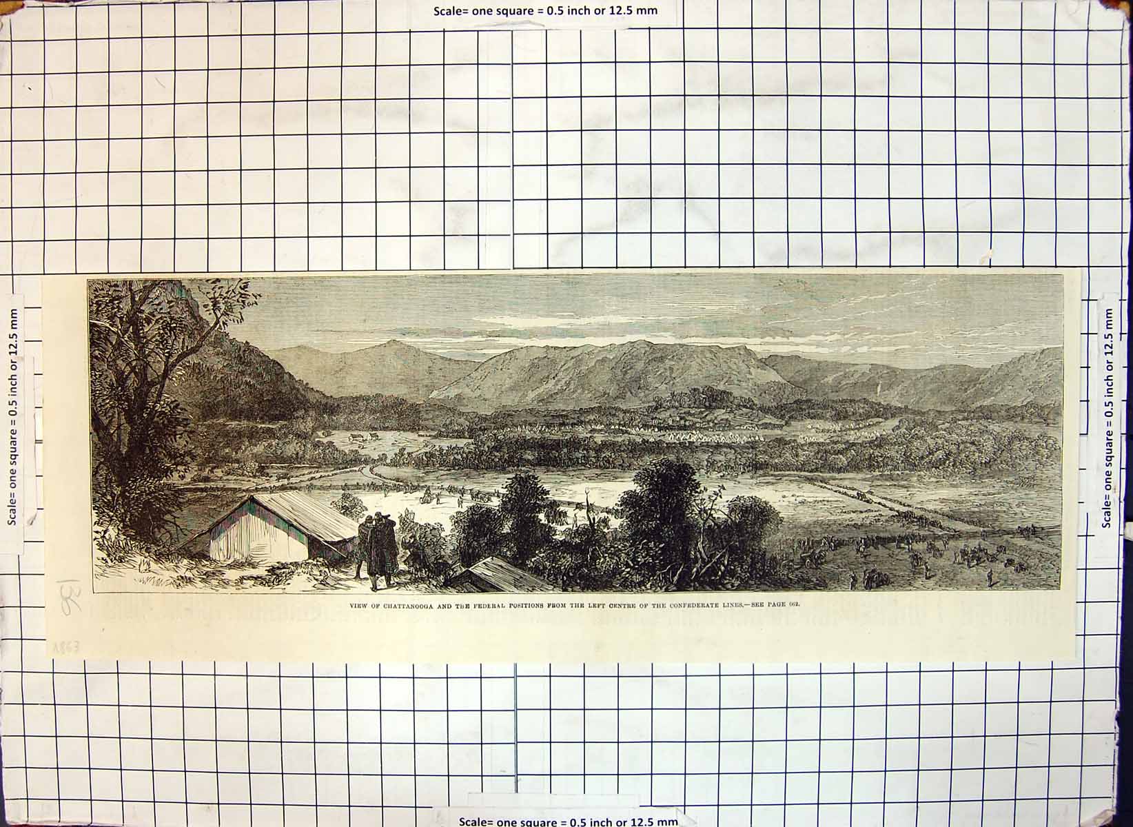 Old Print Chattanooga Federal Positions From Centre Civil War Lines 1863 19th