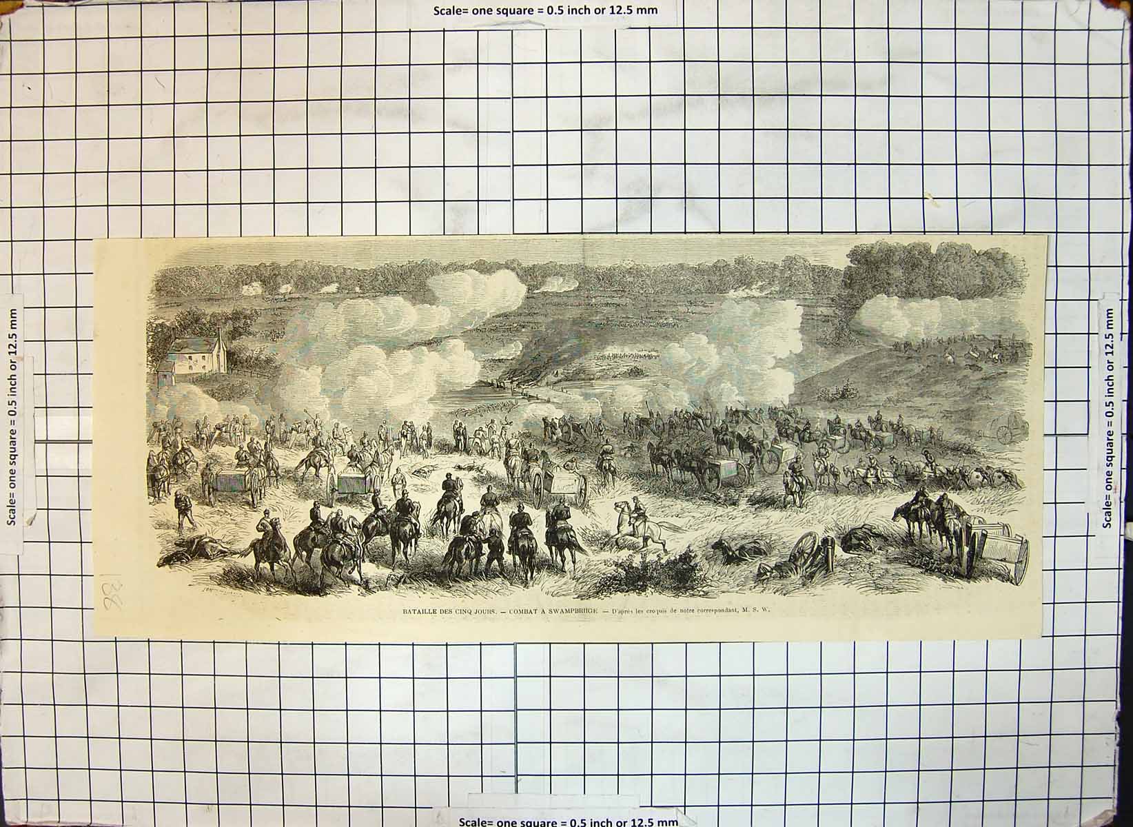 Original Old Antique Print Battle Cinq Jours Combat Swampbridge
