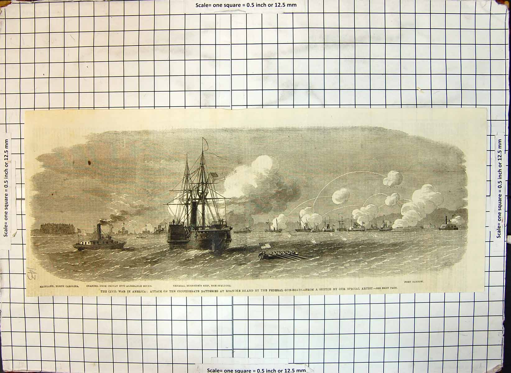 Old Print War America Attack Civil Wars Roanoke Island Federal Gun Boats