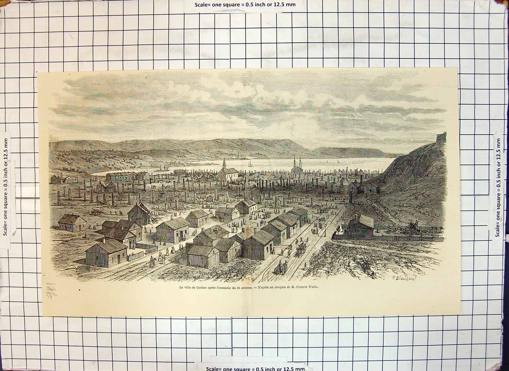 Original Old Antique Print Town Quebec After Fire 16 October M Francis Webb
