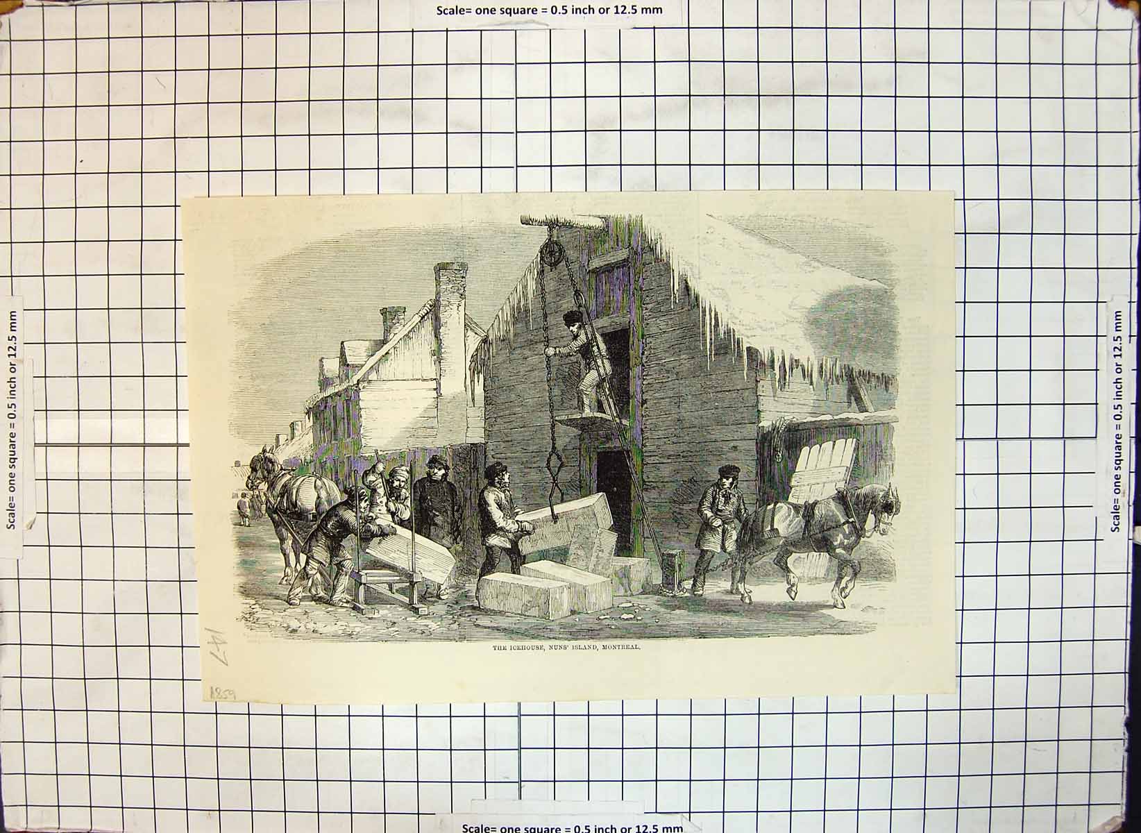 Original Old Antique Print Icehouse Nuns Island Montreal Men At Work 1859 19th