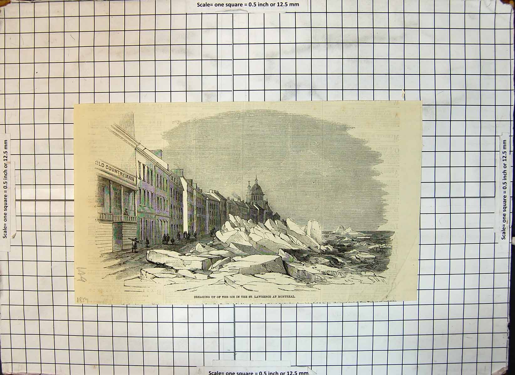 Original Old Antique Print Breaking Up Ice St Lawrence Montreal Street 1859