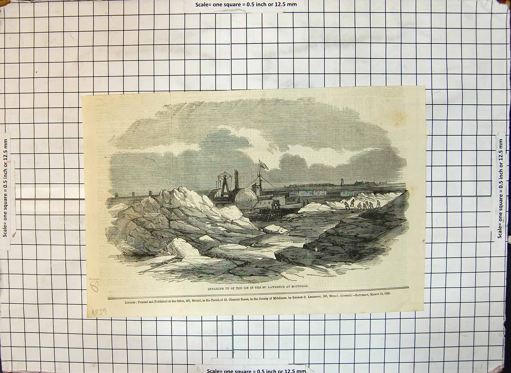 Original Old Antique Print Breaking Up Ice St Lawrence Montreal Ship Sea 1859