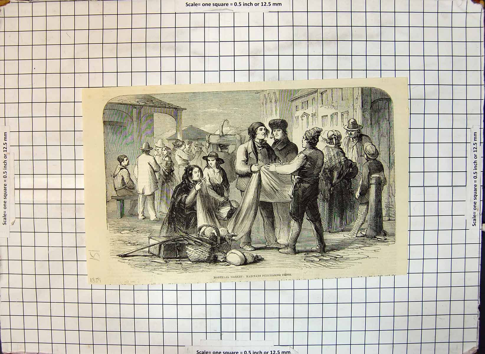 Original Old Antique Print Montreal Market Habitans Purchasing Cloth 1859 19th